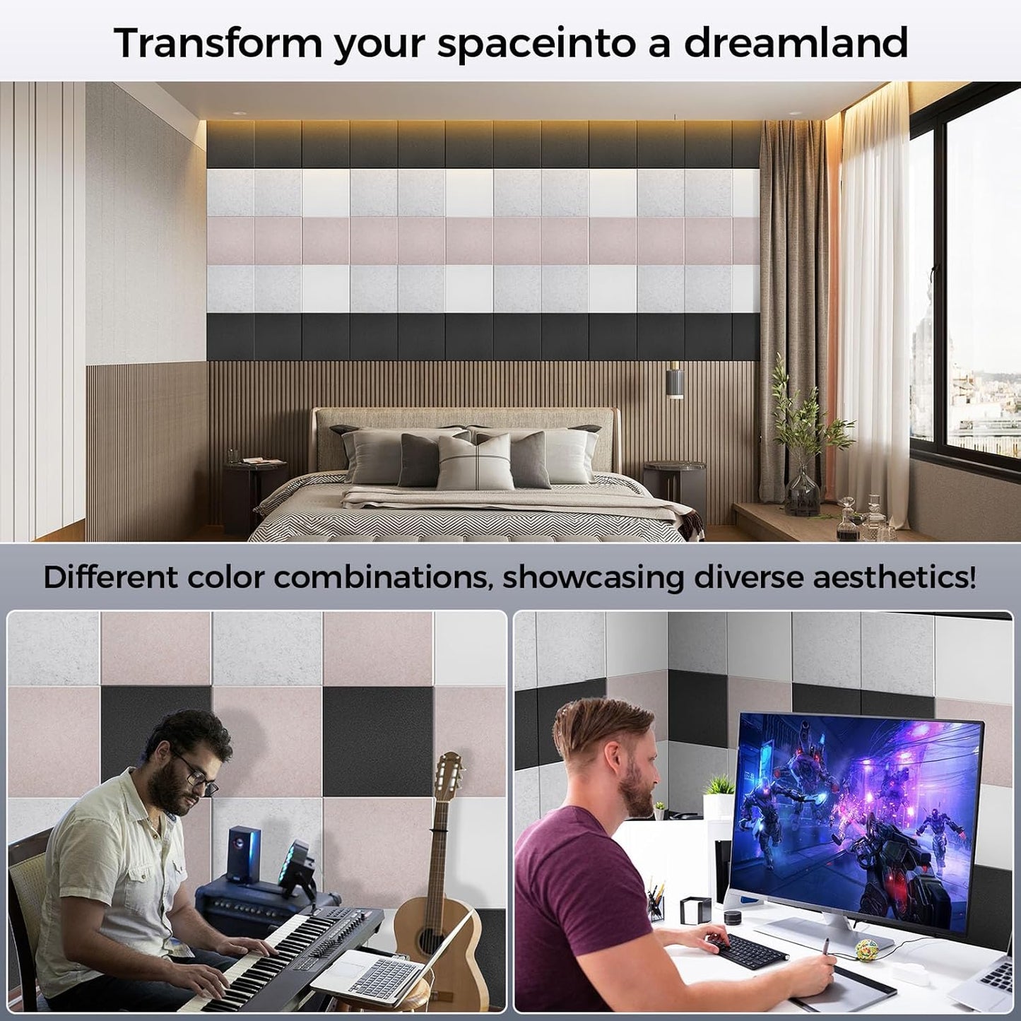 15 pcs 165dtex Microfiber Acoustic Panels ,Self-Adhesive Soundproof Wall Panels, 12 x 12 x 0.4 in Sound Proof Foam Panels for Walls, High Density, Noise Dampening Panels for Home Studio(Black)