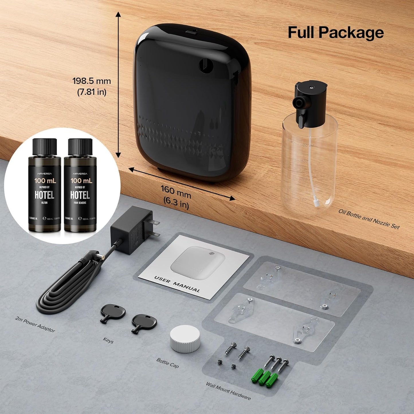 Smart Waterless Essential Oil Diffuser (400 mL Capacity) Starter Kit with 200mL Hotel Scent Fragrance Oils, Up to 2000 sq ft App Control Scent Air Machine with 12V1A Power Adapter, ANW Kit Black