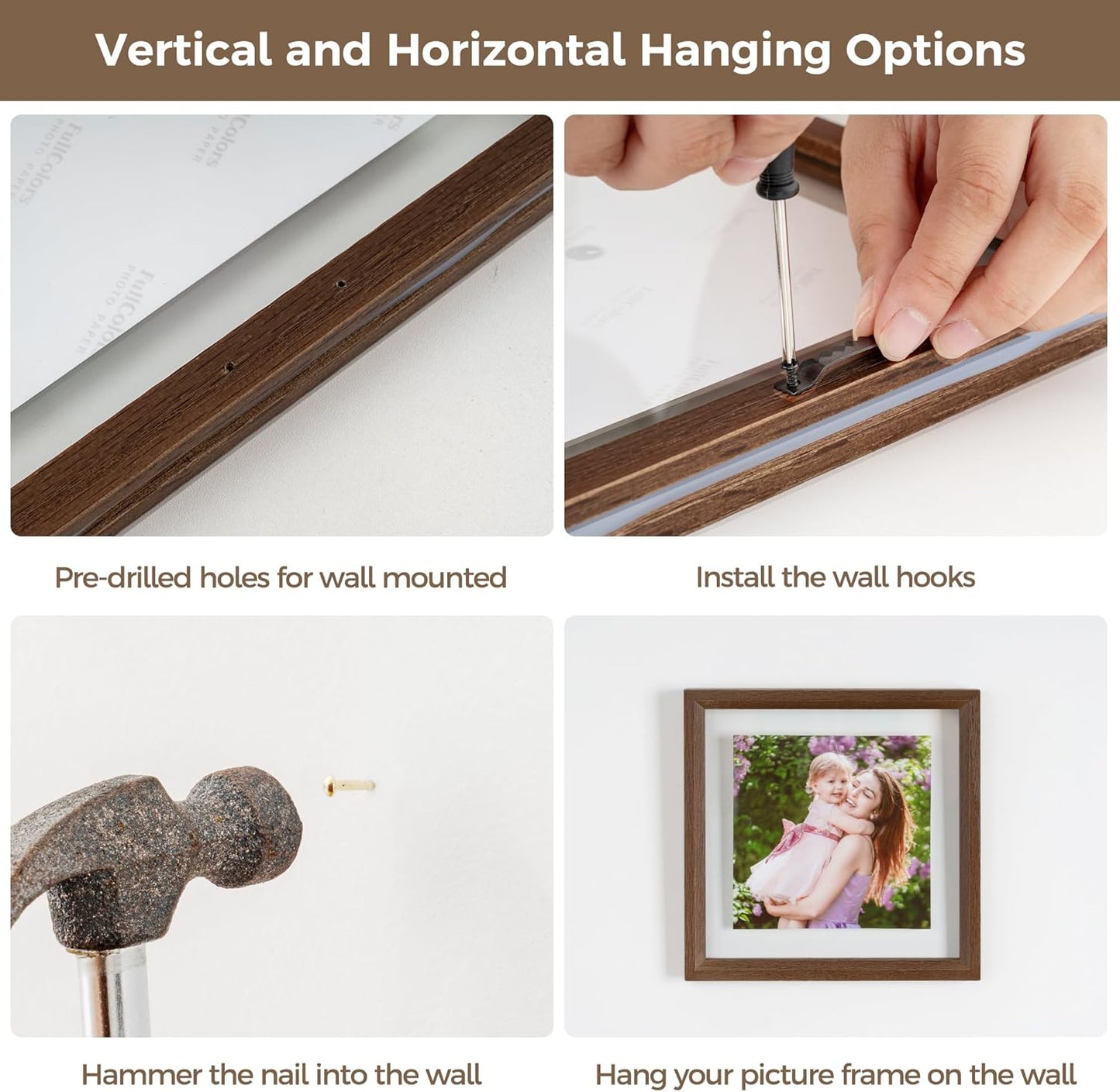 Axeman 11x14 Floating Picture Frame - Solid Oak Wood Square Picture Frame, Double Tempered Glass Photo Frame 4x6 5x7 8x10 11''x14'' Wood Frame, Wall Mount Or Tabletop Standing, Walnut