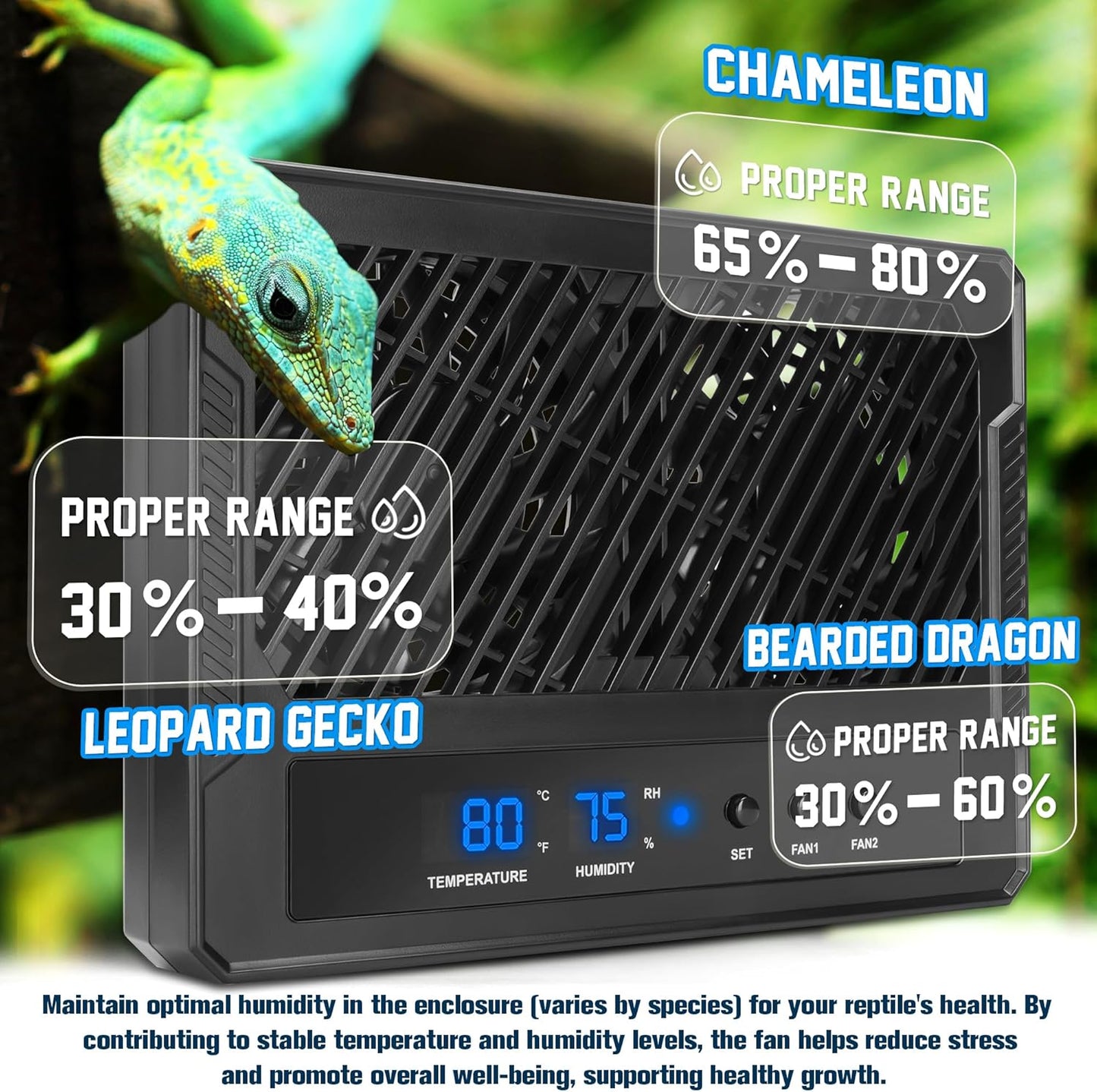 Reptile Intelligent Double Ventilation Fan with Humidity Sensor and High-Temp Alarm, Fan Dehumidifier for Reptile Terrariums, Suitable for overly humid, Rainforest and Ecological Tanks