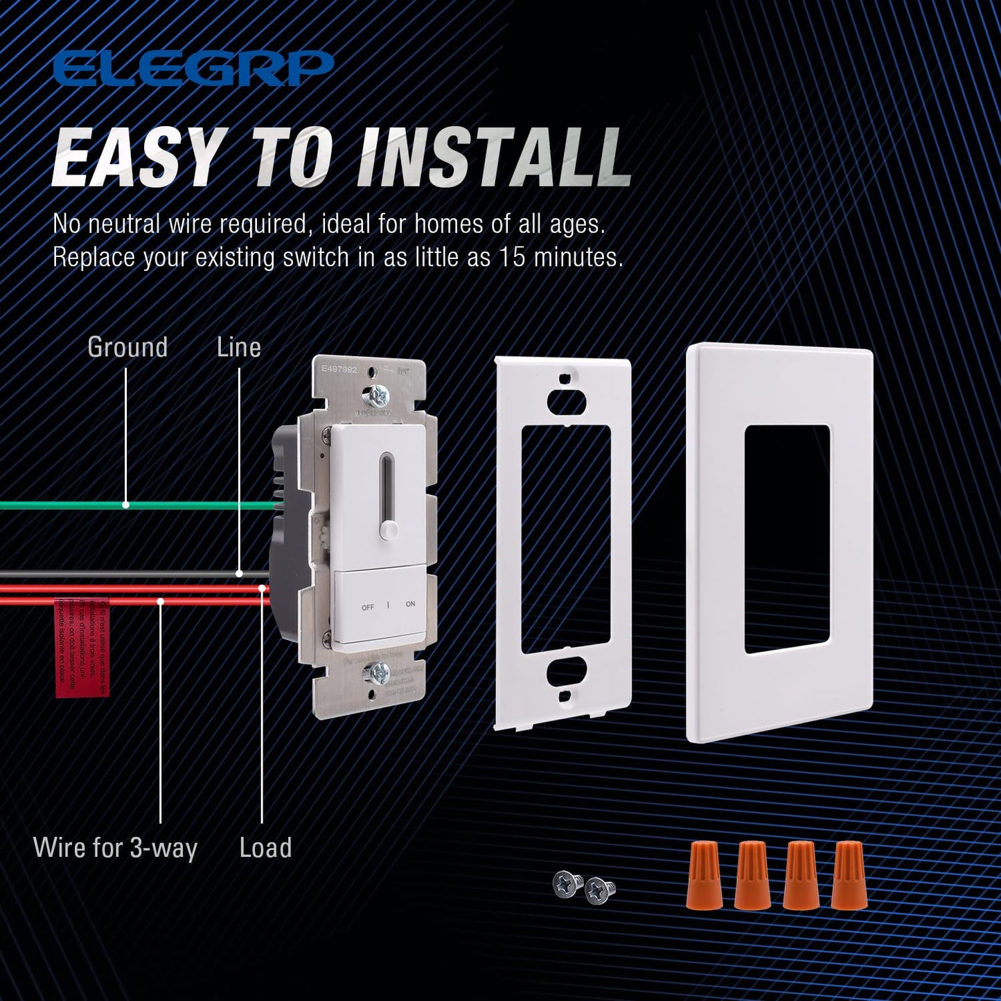 ELEGRP Slide Dimmer Switch for Dimmable LED, CFL and Incandescent Light Lamp Bulbs, Single Pole or 3-Way, Full Control with Preset, Rocker Paddle, Wall Plate Included, UL Listed (1 Pack, Matte White)