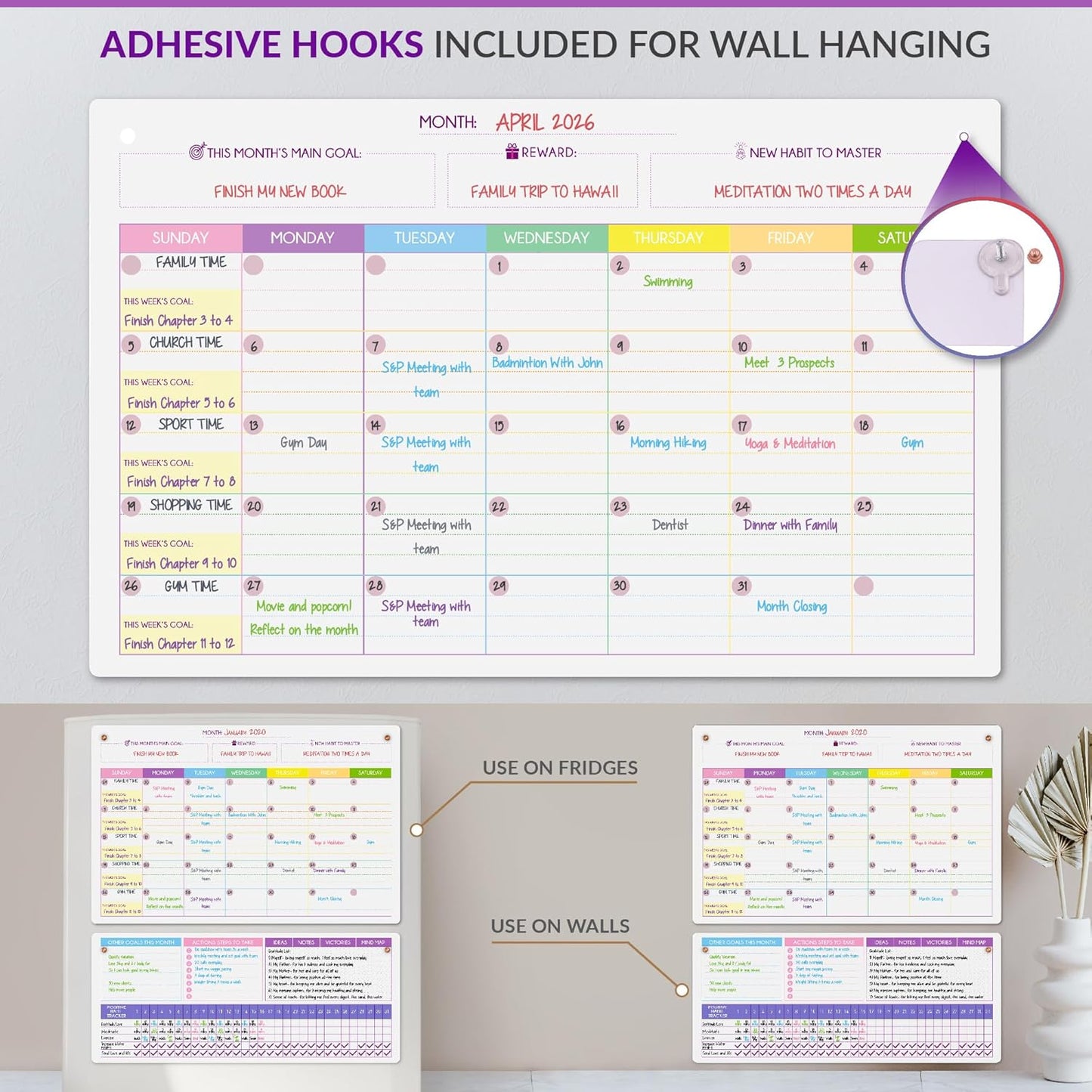 Magnetic Whiteboard for Fridge - Large Dry Erase Calendar for Wall | 2 Magnetic Dry Erase Board 10.5" x 16.5" & 7" x 16.5", Monthly Goal Setting & Habit Tracker, 5 Markers and 6 Adhesive Hooks
