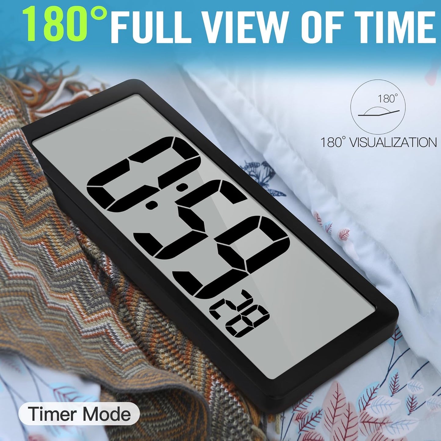 TXL 14.2"" Large Digital Wall Clock Battery Operated, Digital Clock Large display with Day, Date & Temperature, Large wall clock for Bedroom, Livingroom, Office,Battery Included, Black