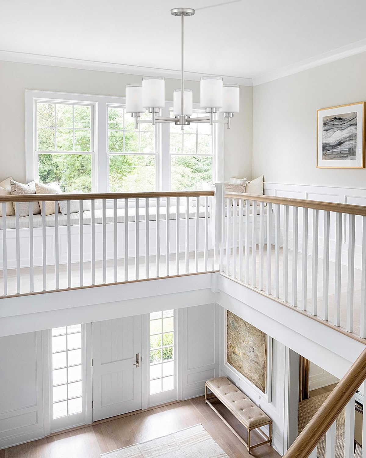 Doraimi Lighting 5 Light Chandelier Brushed Nickel Finish,Classic Style Ceiling Pendant Light Clear Frosted Glass Shade Fixture for Meeting Room Dining Room Over Table Living Room