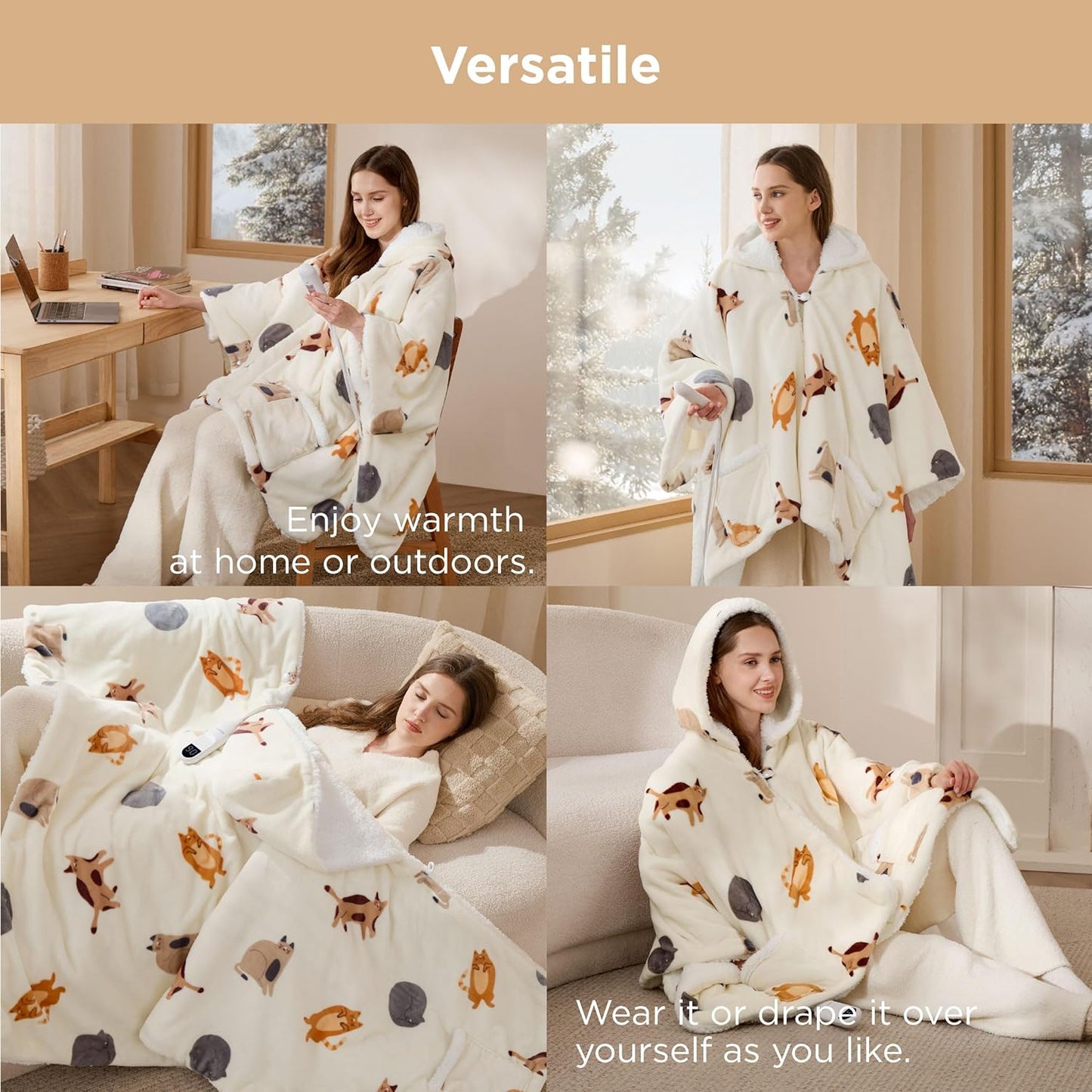 Bedsure Heated Blanket Wearable Shawl - Electric Wrap Poncho Blanket Hoodie for Adult, Winter Gifts for Mom Women Girlfriend, Warm Sherpa Heating Throw, Auto Shut Off, 55x64 inches, Printed Cat