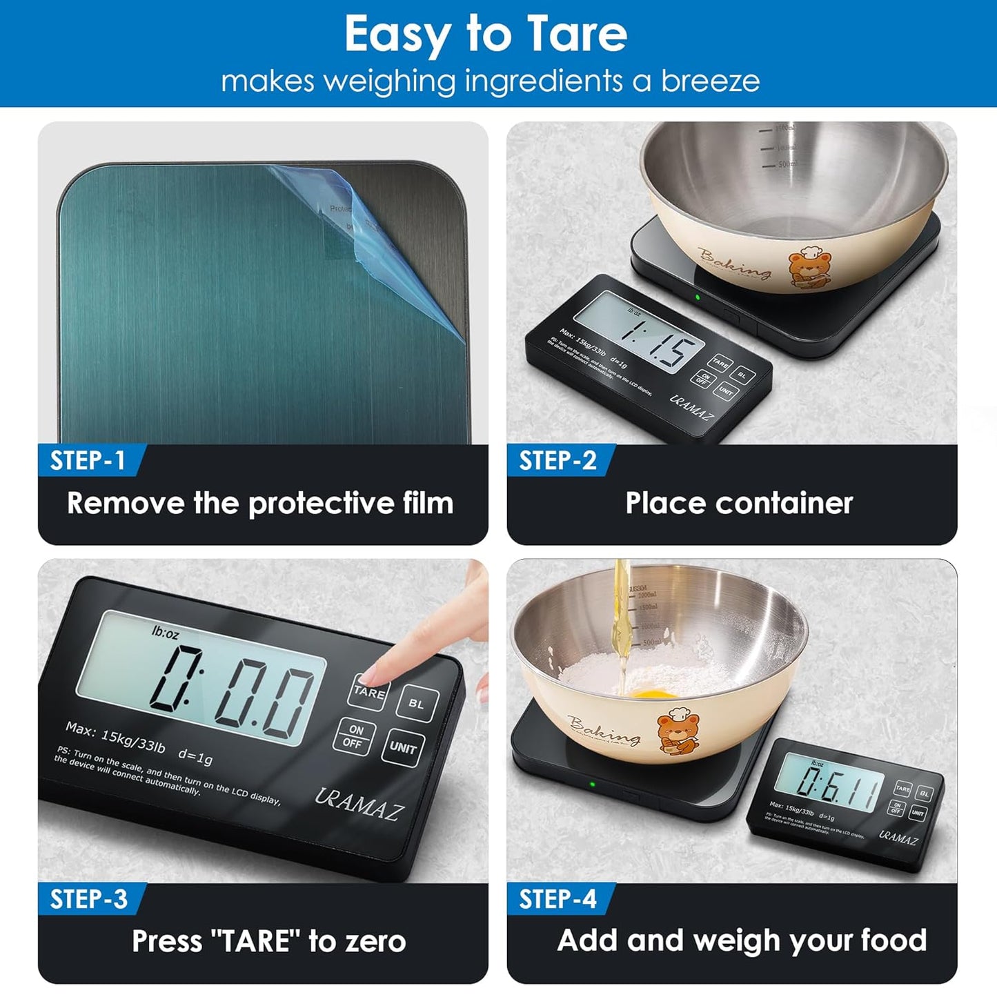 Food Scale with Detachable Display, 33lb Stainless Steel Kitchen Scales Digital Weight Grams and Ounces, Digital Food Scales for Kitchen, Baking Scale for Sourdough Bread Cooking, Weight Loss 1g/0.1oz