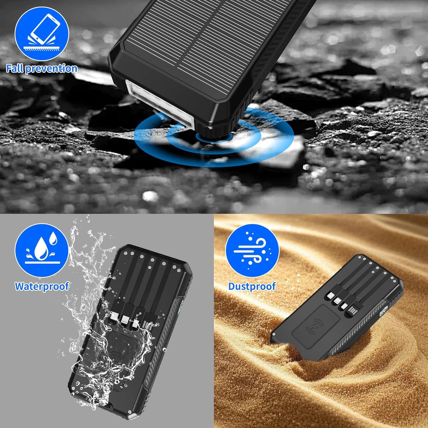 Solar Charger Power Bank 49800mAh, Portable Phone Wireless Charging Built-in 4 Cables 22.5W Fast Charging,Type-C Input/Output Port Solar Panel Charger with Flashlights&Compass for Camping(Black