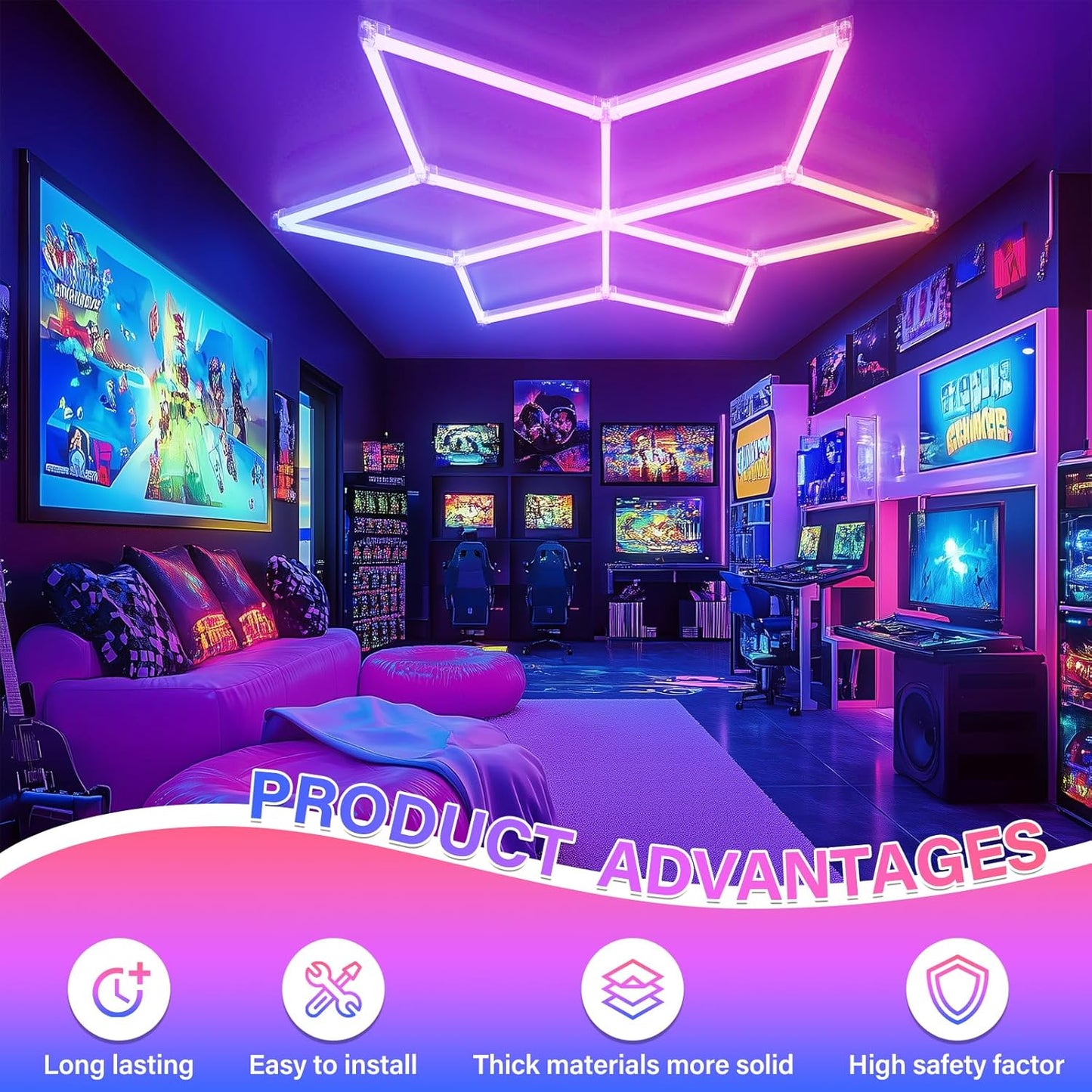 Hexagon Garage Lights RGB - Multicolor RGB with Music Sync Mode (358 Dynamic Effects), Dimming,Speed Control. Perfect for Gaming, Bars, Studios ,Home Gyms