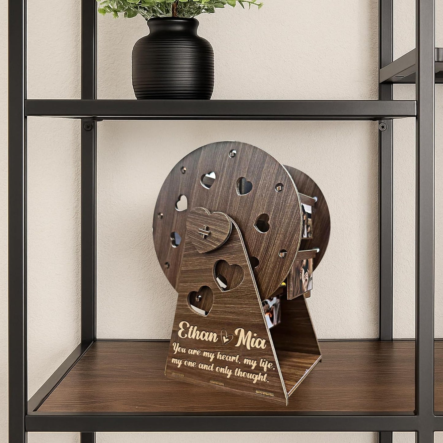 Custom Wooden Ferris Wheel Photo Couple Gift, Personalized Valentine Love Display for Couples Newlyweds Husband Wife, Romantic Wooden Spinning Photo Holder Anniversary Wedding Keepsake