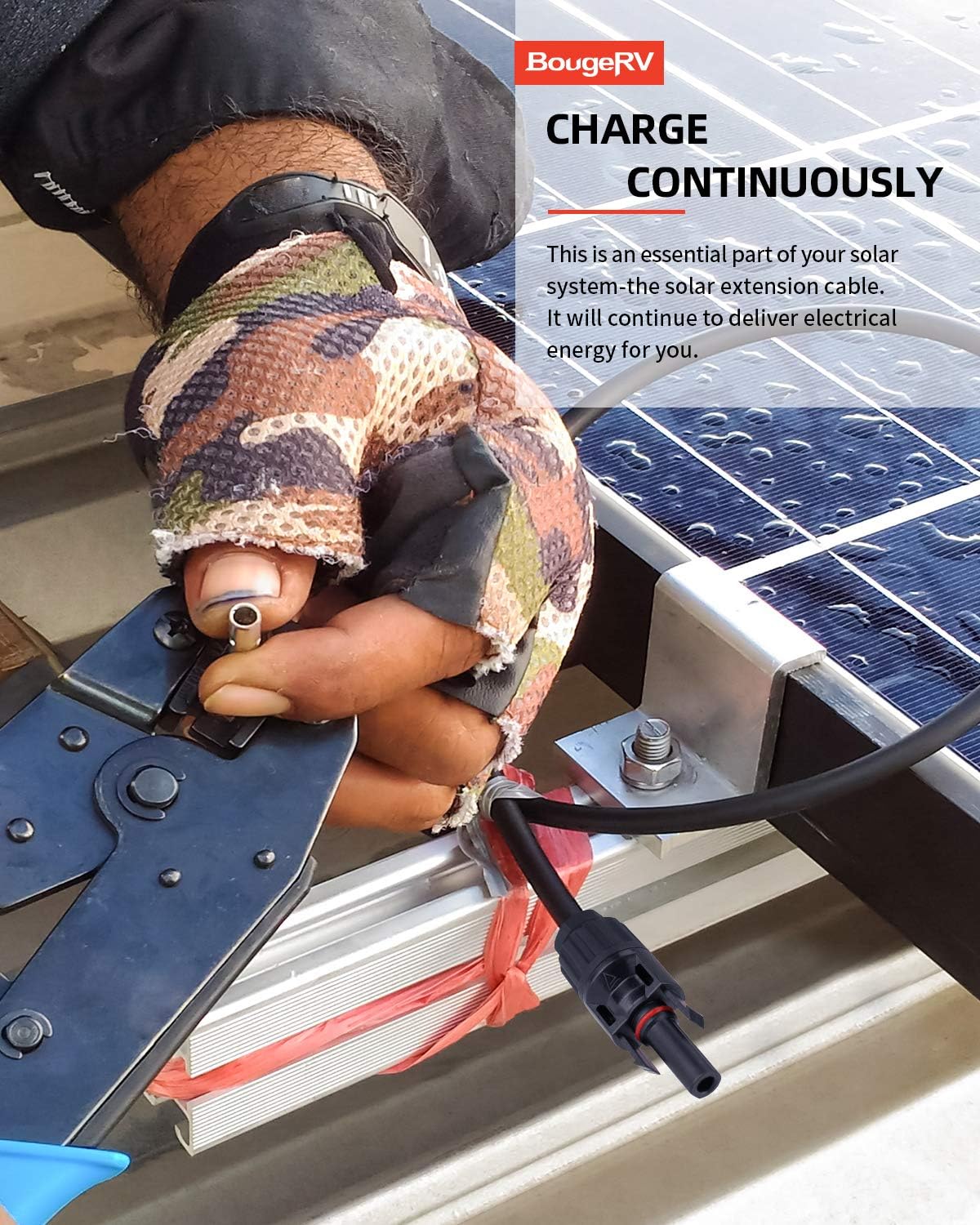 BougeRV 30 Feet 10AWG Solar Extension Cable with Female and Male Connector with Extra Pair of Connectors Solar Panel Adaptor Kit Tool (30FT Red + 30FT Black)