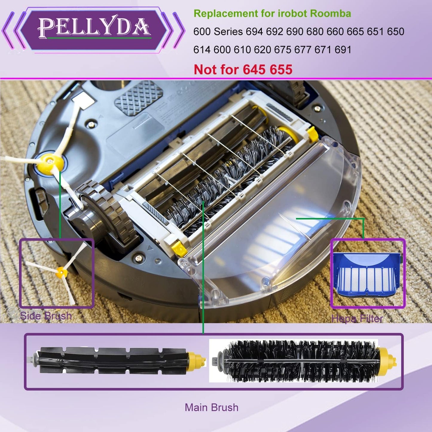 Replacement Parts for IRobot Roomba 600 &500 Series 694 692 690 680 660 665 651 650 614 595 585 564 Vacuum,Accessories Kit 3 Filter,3 Side Brush,1 Pairs Bristle and Flexible Beater Brush