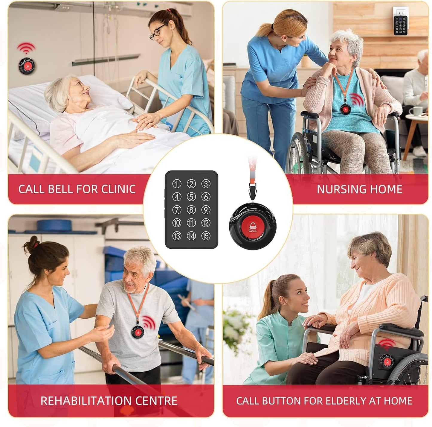 CallToU Wireless Caregiver Pager Nurse Call Button for Elderly LED Call Light Nurse Alert System Call Bell for Patients at Home Clinic/Medical Institution/Nursing Home (15 Call Button + 1 Receiver)