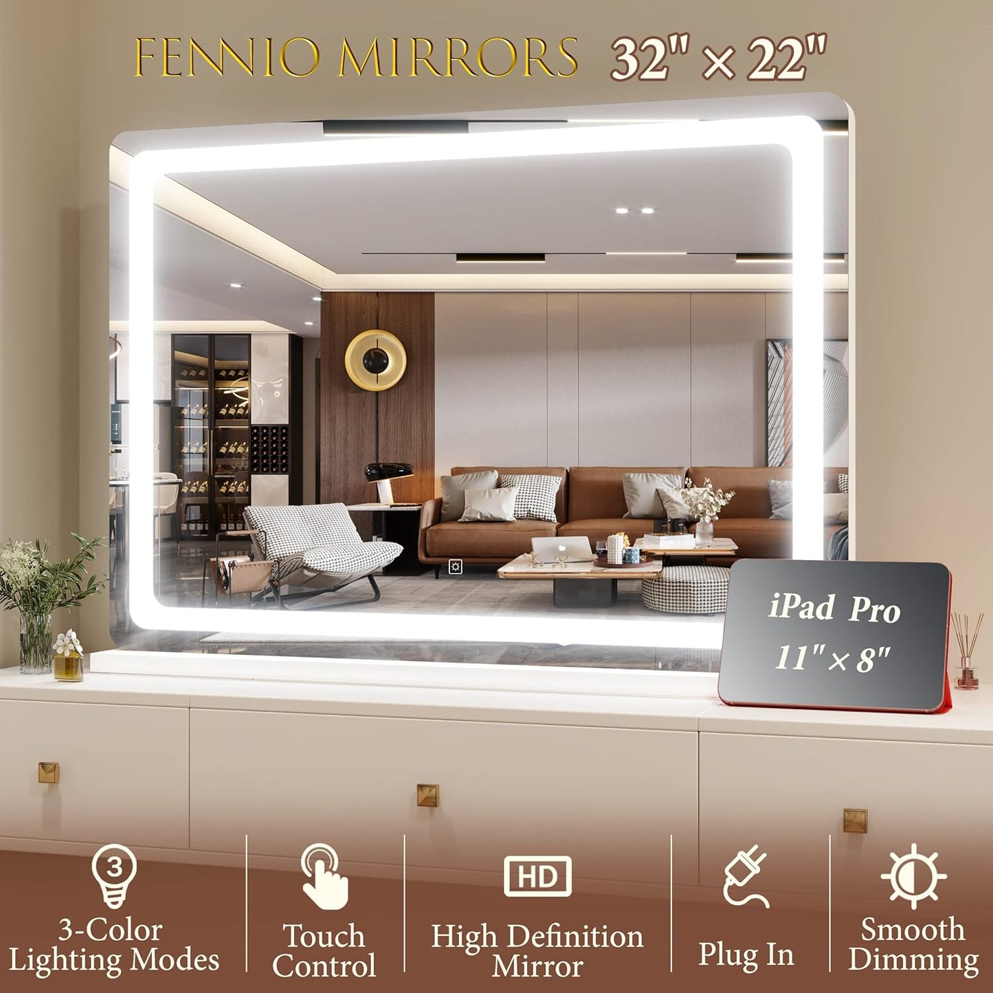 FENNIO Vanity Mirror with Lights 32"x22", Lighted Makeup Mirror, Large Vanity Mirror with Lights, Touch Sensor with 3-Color Lighting, USB Charging Port for Vanity Desk Tabletop