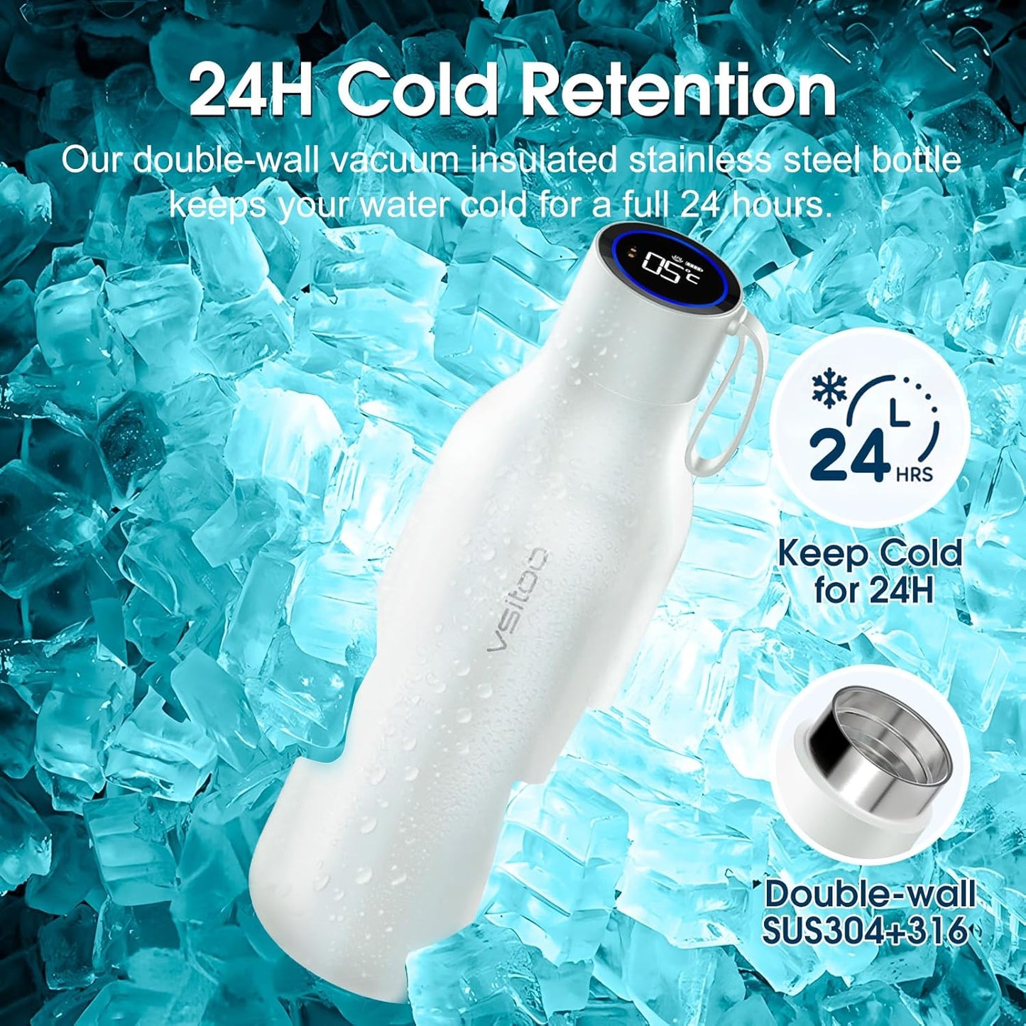VSITOO 33oz Smart Self Cleaning Water Bottle,Insulated Water Bottle with Stainless Steel, BPA-Free, AI Self-Clean, 30-Day Battery, Magnetic Charging for Travel, Gym or Office, White