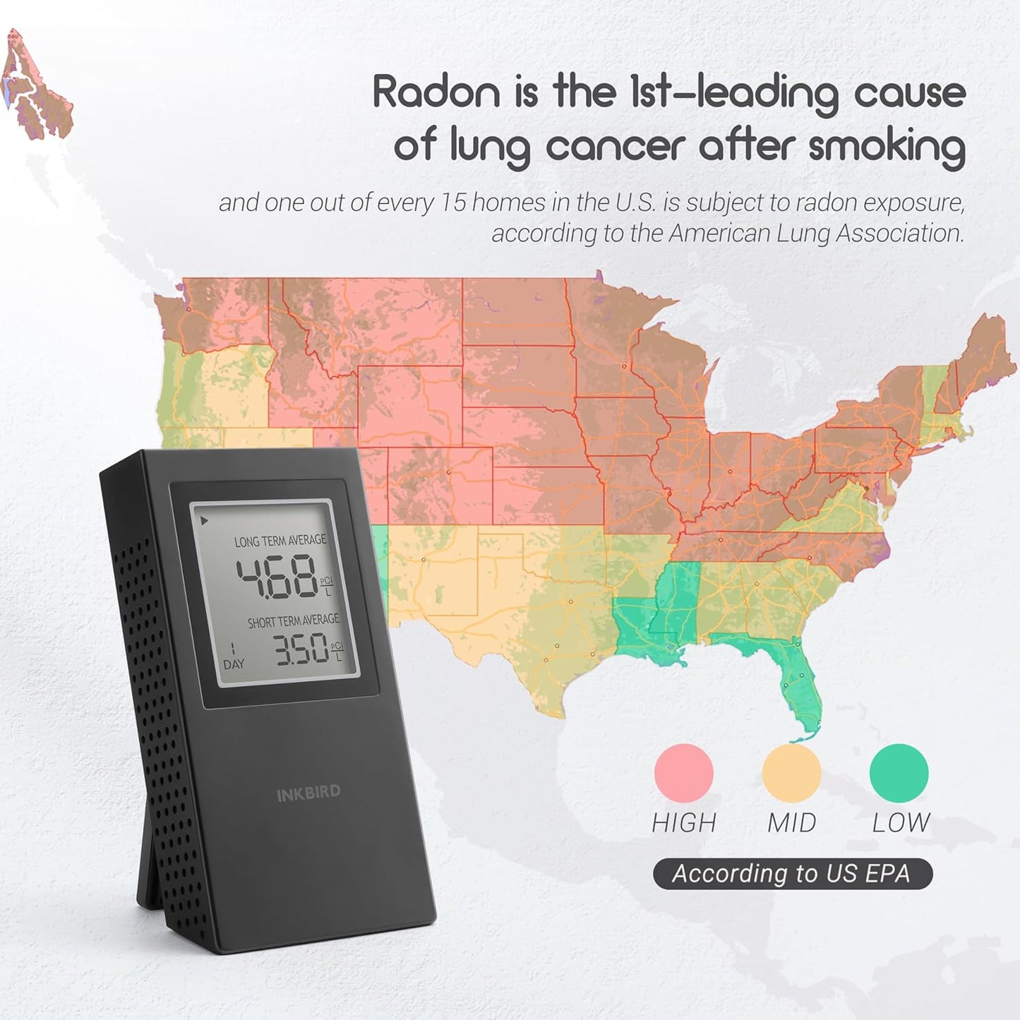 INKBIRD Radon Detector for Home | Radon Tester with Short & Long Term Monitoring | 3 AAA Battery Operated | USA Version Pci/L