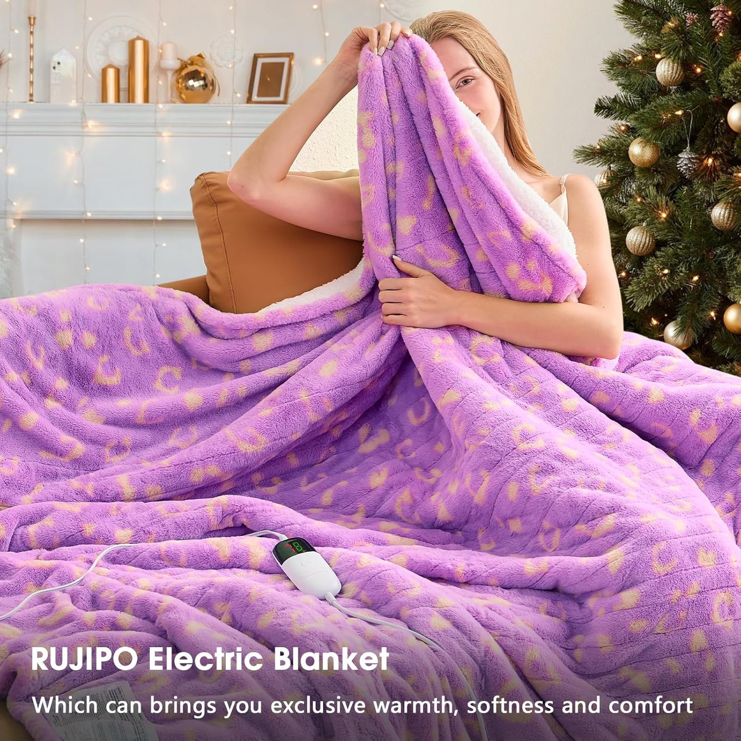 Leopard Print Heated Electric Blanket Throw,50X60 Purple Heating Blanket with 10 Heats Levels & 8 Hours Auto Off,Cute Cheetah Soft Fleece Sherpa Blankets Warmer Gifts for Women Washable