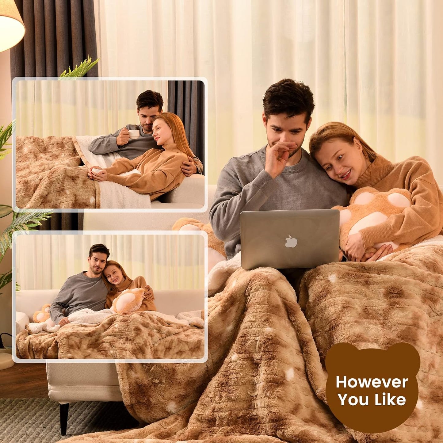 Bearhug Electric Blanket Twin Size 62" x 84", Faux Fur & Sherpa Heated Blanket, 10 Heating Levels & 1-12H Auto Off, Champagne, Over-Heat Protect, ETL Certification, Machine Washable