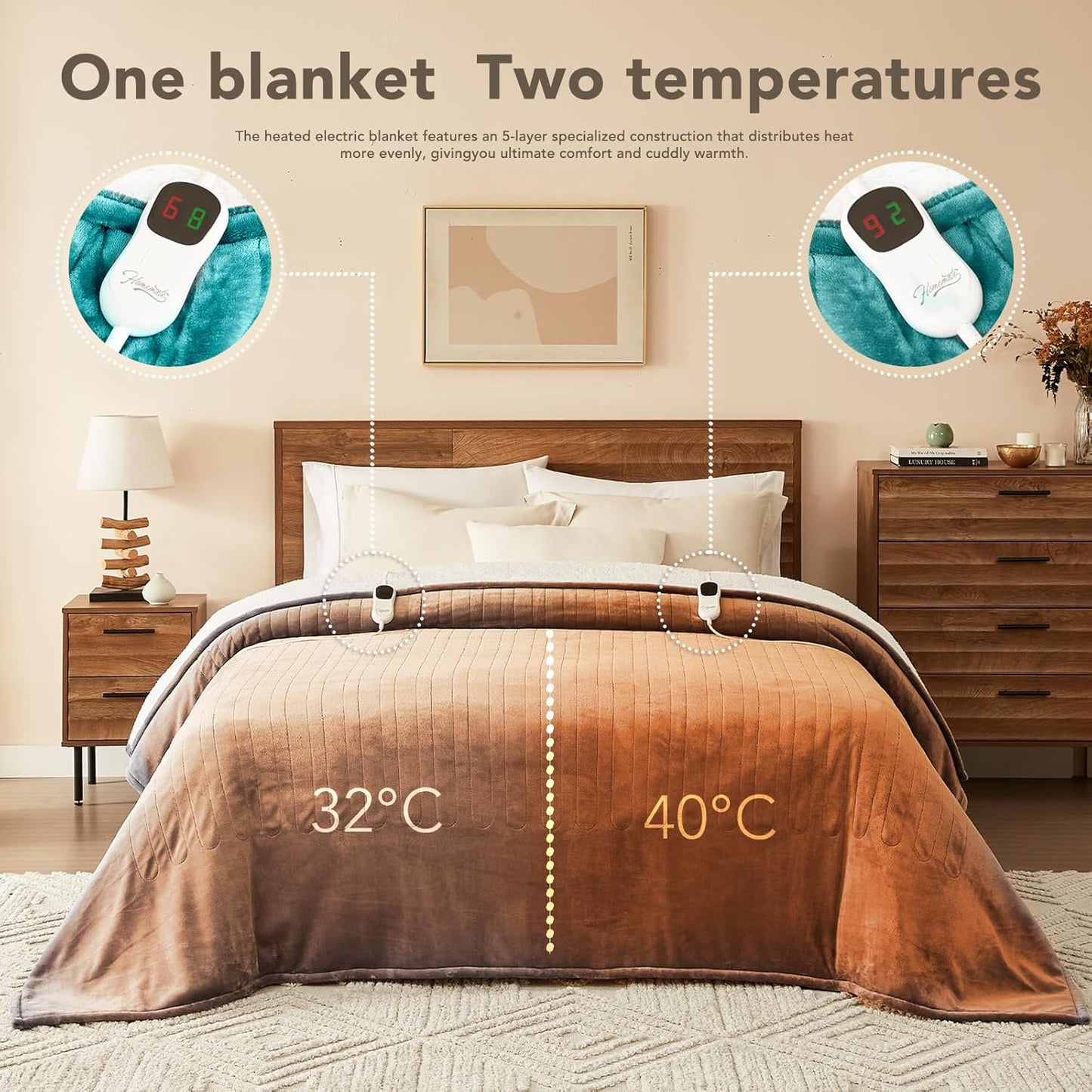 Homemate Electric Heated Blanket Twin - 62"x84" Heating Bed Blankets Throw with 10 Heating Levels 8 Hours Auto Off Fast Heating Over-Heated Protection Ultra Soft Warm Flannel ETL Certified