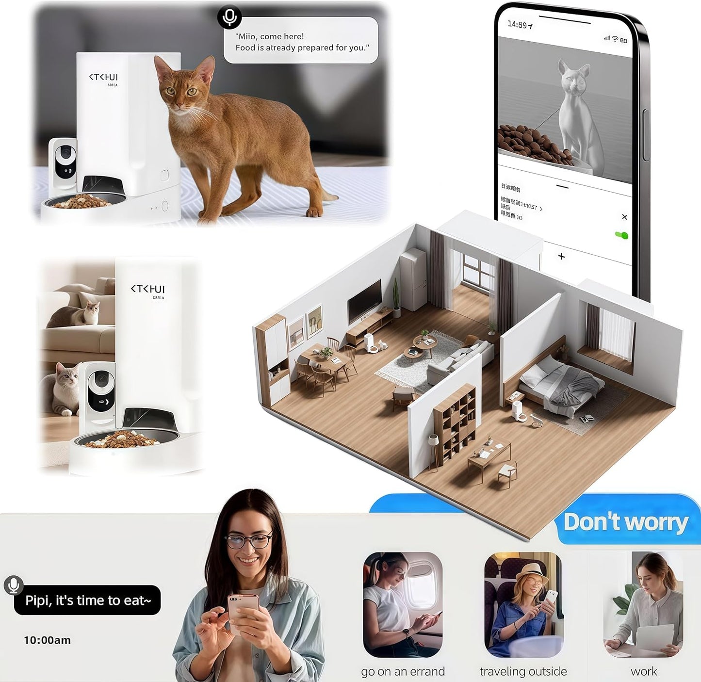 Automatic Cat Feeder with Camera, 1080P HD Video with Night Vision, Scheduled Automatic Pet Feeder, Separated Design Wide Grain Path with 2-Way Audio & Feeding Call Function for Cat & Small Dog