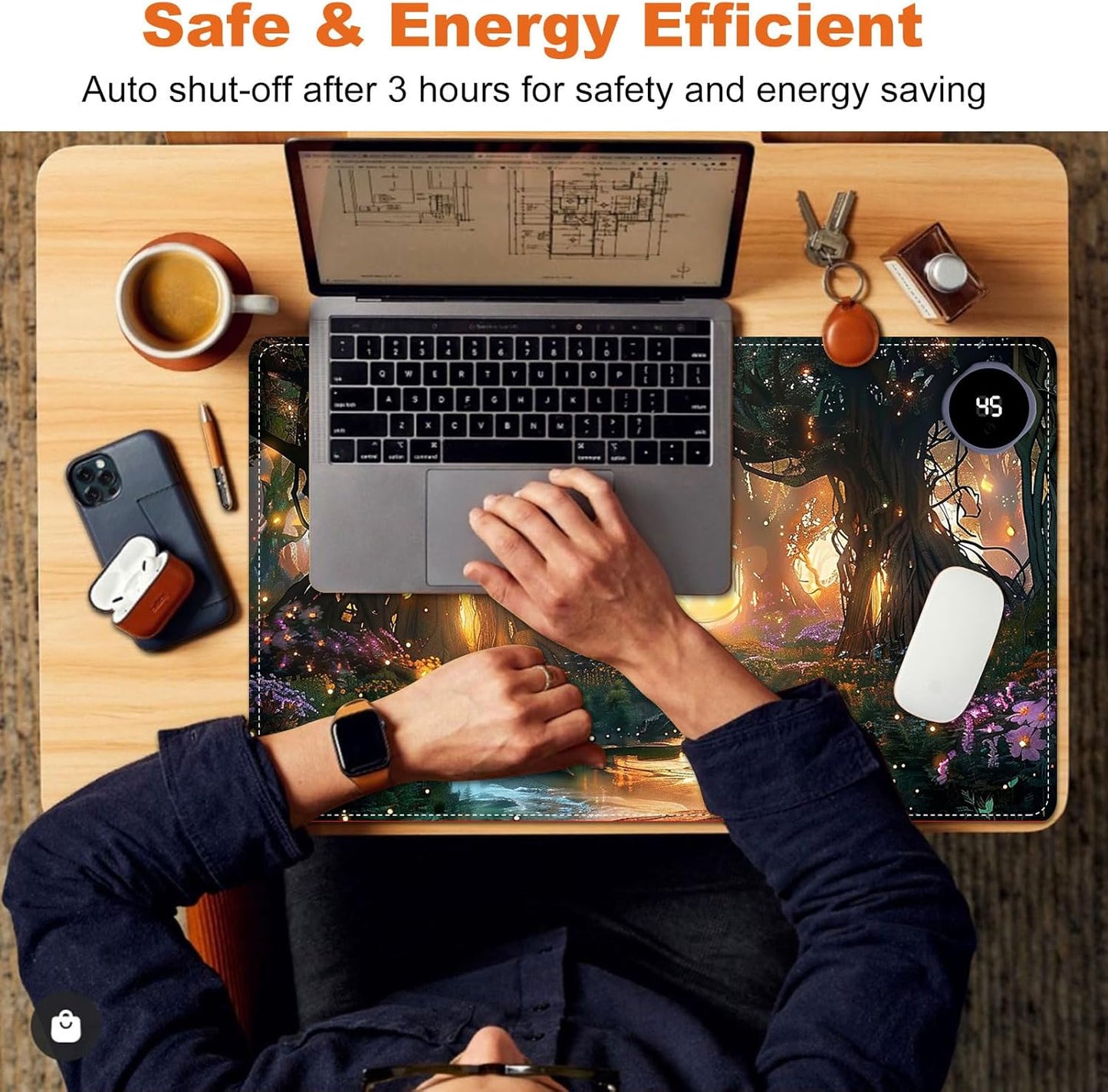 Small Heated Desk Pad 23.6" x 14.2" – Compact Electric Mouse Pad with 3 Heating Levels, Auto Shut-Off, Waterproof PU Surface, Plug-in Warmer for Office or Home Use, Glowing Forest