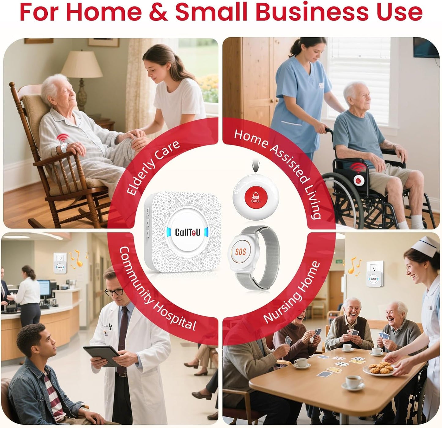 CallToU Caregiver Pager Wireless Call Button Nurse Alert System 500+ Feet for Home/Elderly/Patient/Disabled 2 Plugin Receiver 2 Waterproof Transmitter 2 Watches Transmitter