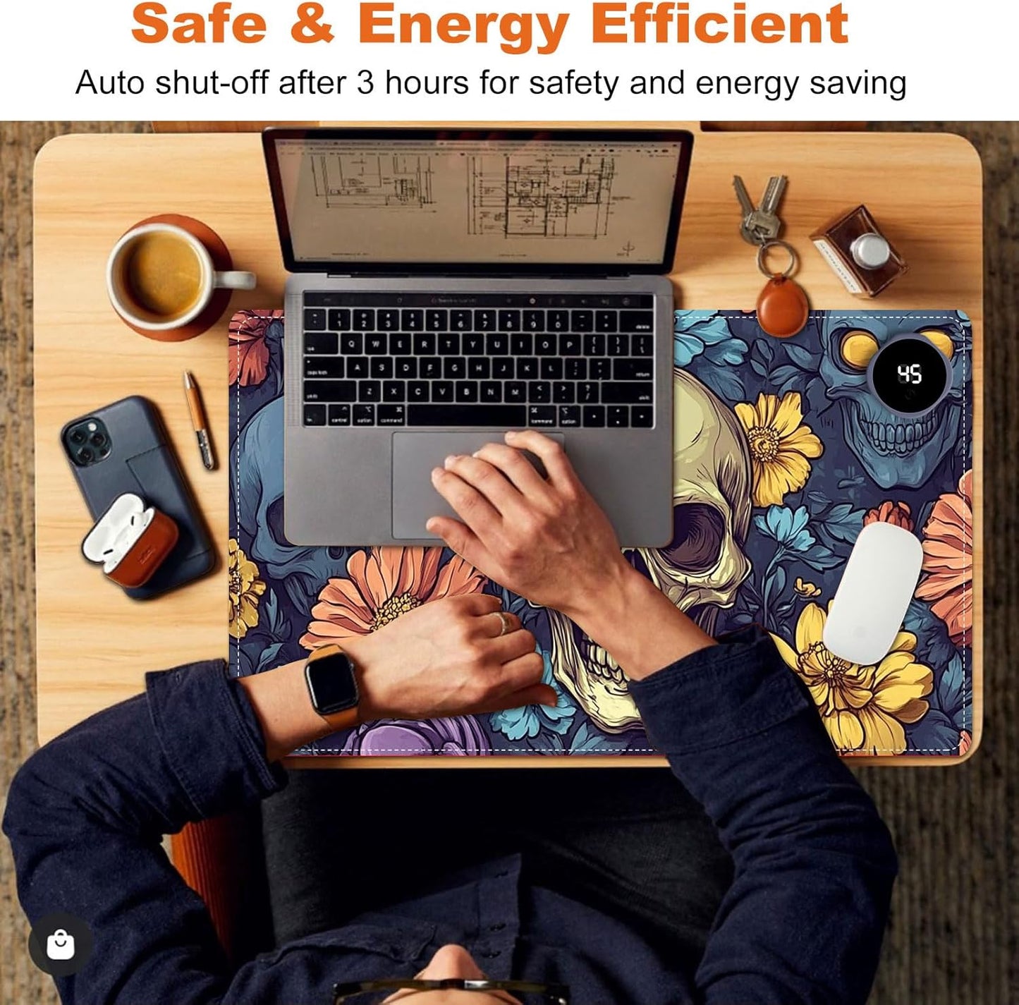 Small Heated Desk Pad 23.6" x 14.2" – Compact Electric Mouse Pad with 3 Heating Levels, Auto Shut-Off, Waterproof PU Surface, Plug-in Warmer for Office or Home Use, Floral Skull