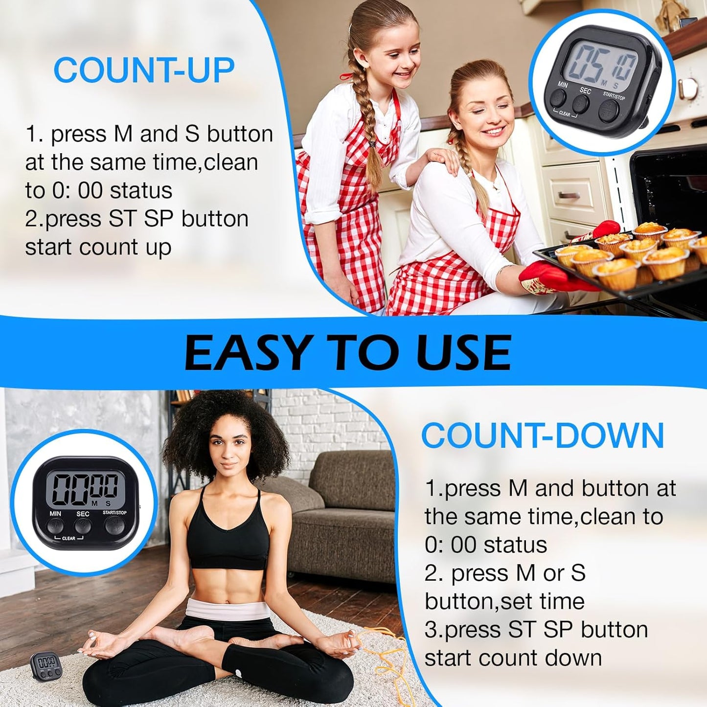 Leumoi 24 Pcs Digital Kitchen Timers Magnetic Back Timers Bulk Large Screen Loud Alarm On/Off Switch Minute Second Count up Countdown Memory Setting for Cooking Classroom Exercise (Black)