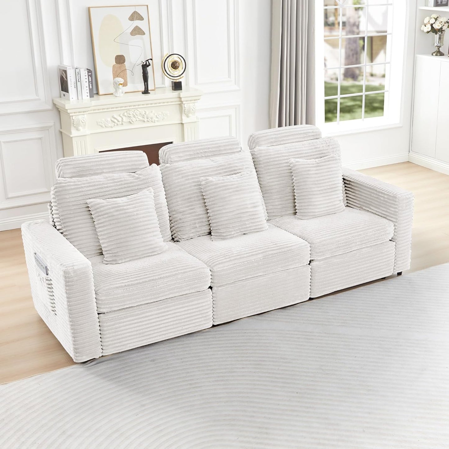 LEVNARY 3-Seater Modular Reclining Sofa, Faux Rabbit Fur Power Recliner Couch with 3 Electric Seats, 3 Pillows & Side Pockets, Adjustable Back & Footrest, Living Room Furniture (White)