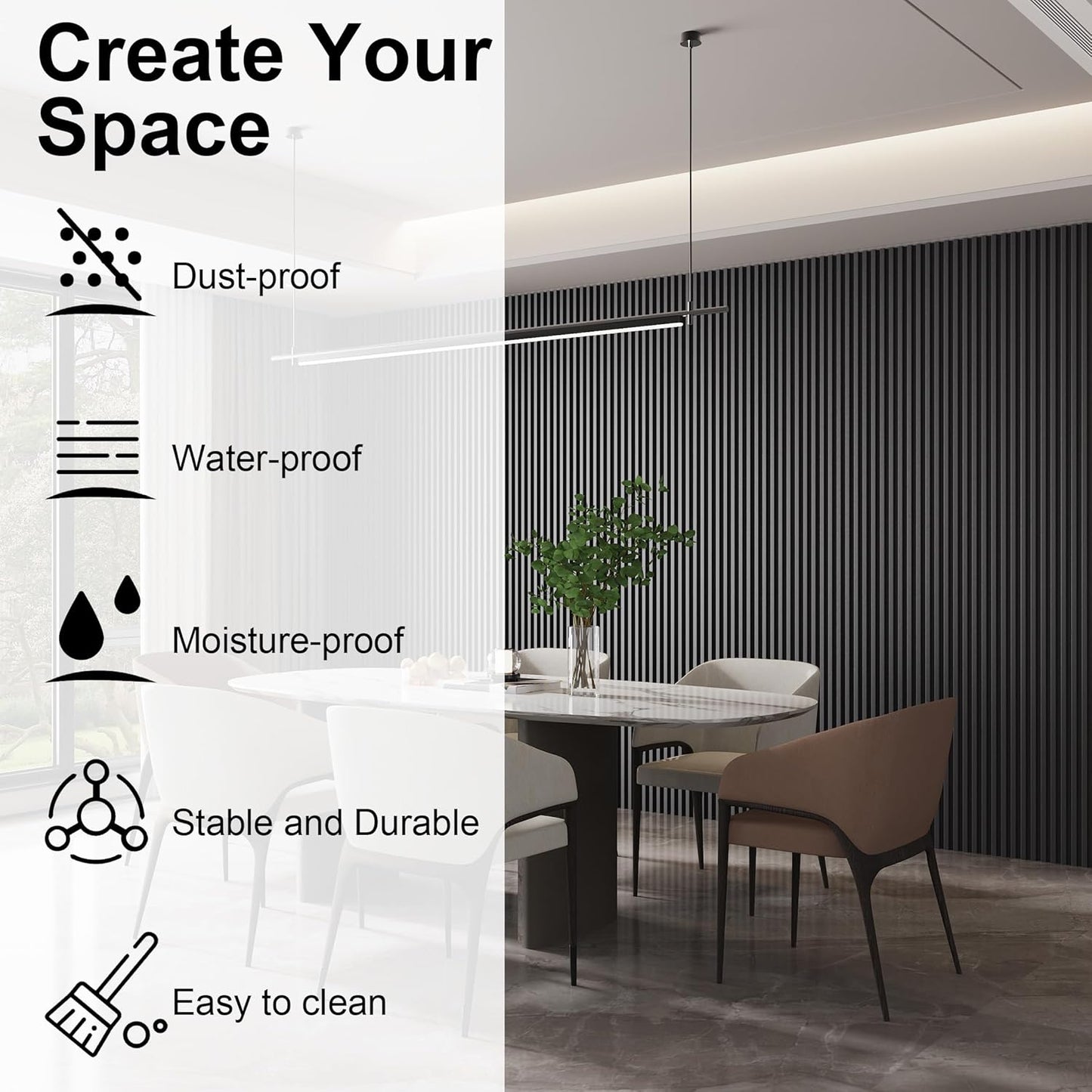 8-Pack WPC Slat Wall Panels - 3D Wall Panels, Water-Proof and Easy Installation, Accent Slat Wall Paneling for Living Room, Office,Black, 96 x 6.6 Inch