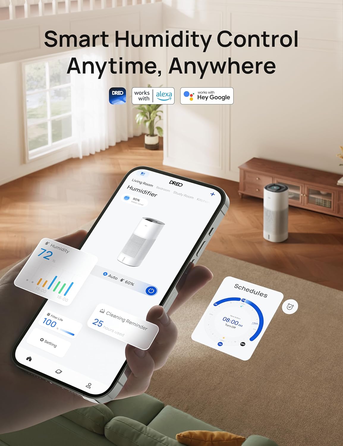 DREO Smart Evaporative Humidifier Large Room up to 1000ftยฒ, 800ml/h High Output Air Humidifiers for Bedroom, 10L, 50H Long Runtime with Precise Humidification for Plants, Home, Office, White, HHM774S