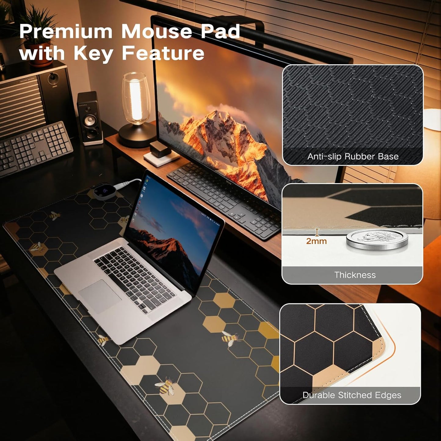 iCasso Heated Desk Pad, XXL Heated Mouse Pad Hand Warmer, 35.4" x 15.7" Warm Desk Protector Mat with 4 Heating Levels for Computer Keyboard, Large Mousepad for Home Office Work (Honeycomb)