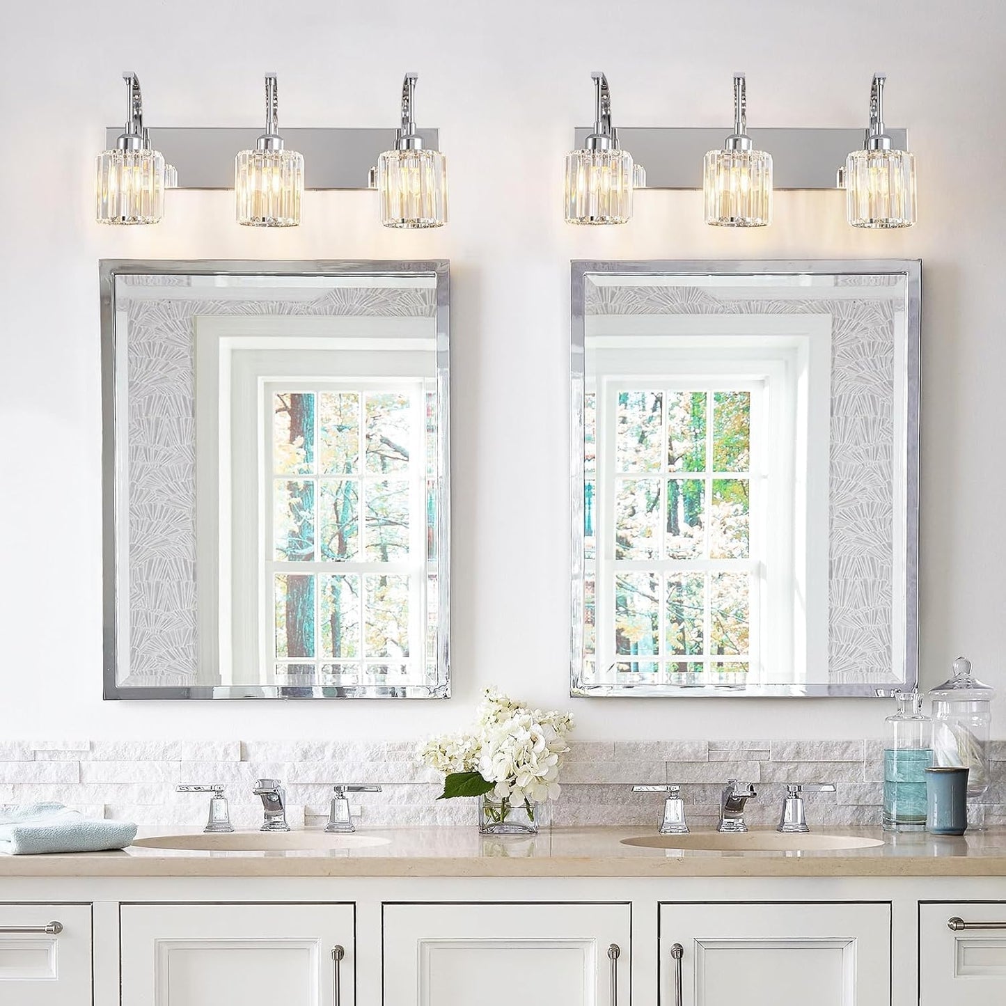 3-Light Crystal Vanity Light, Modern Chrome Bathroom Wall Sconce with K9 Crystal Shades, 23.62" Long Over Mirror Lighting for Vanity, Makeup, Hallway, Elegant & Durable