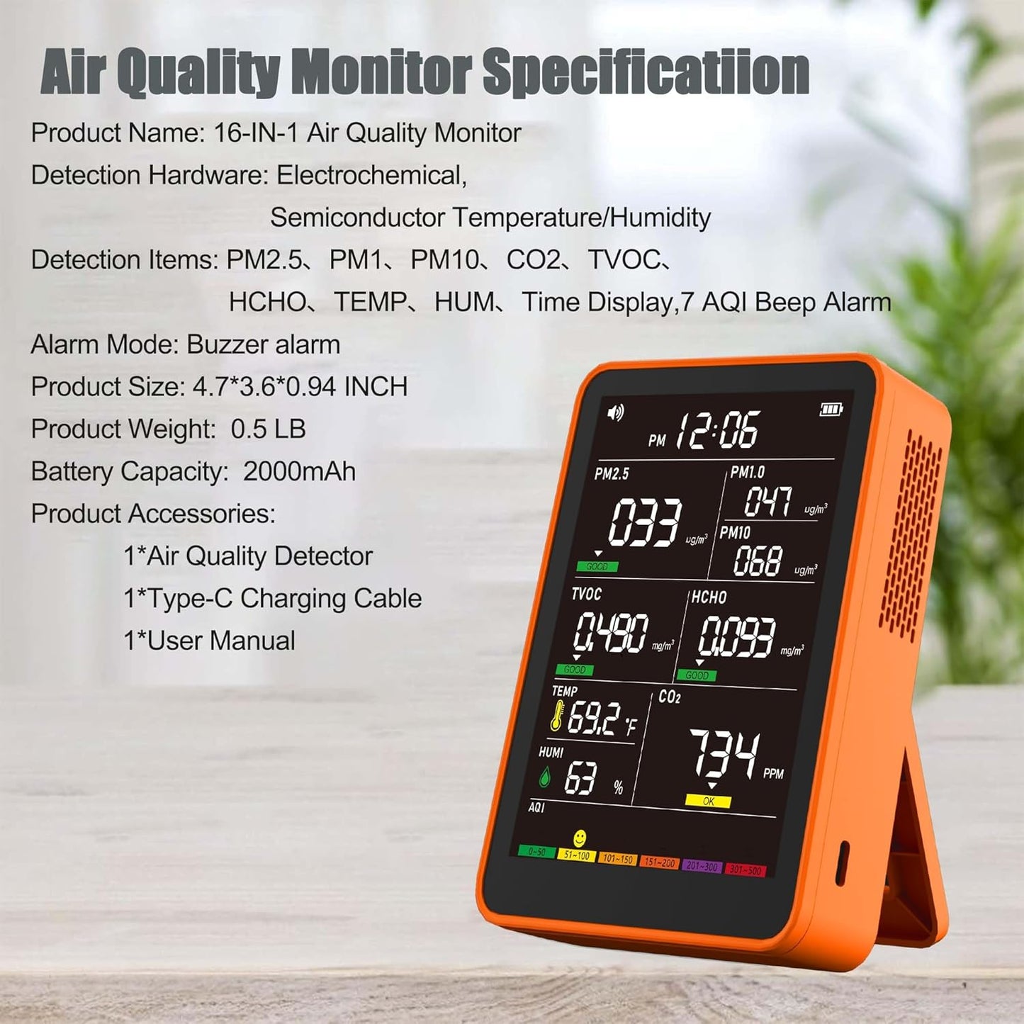Professional Indoor Air Quality Monitor with AQI, Portable Real-Time Detector for Home Cars Plants and Pets (Orange)