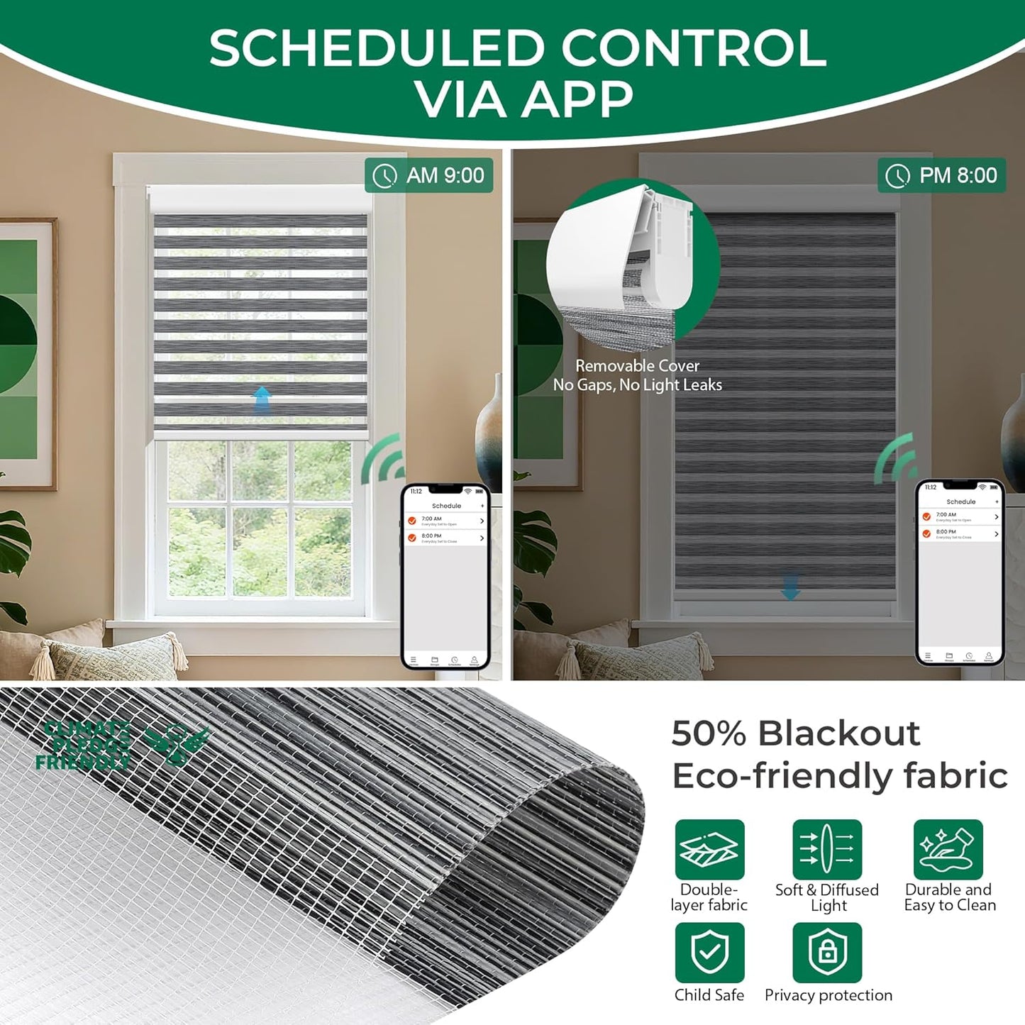 Allesin No Drill Motorized Zebra Blinds – Rechargeable Smart Dual Layer Shades with Cassette Cover, Ultra-Quiet Motor, Automatic Blind with Remote for Indoor Windows (Rock Gray 31" W x 72" H)