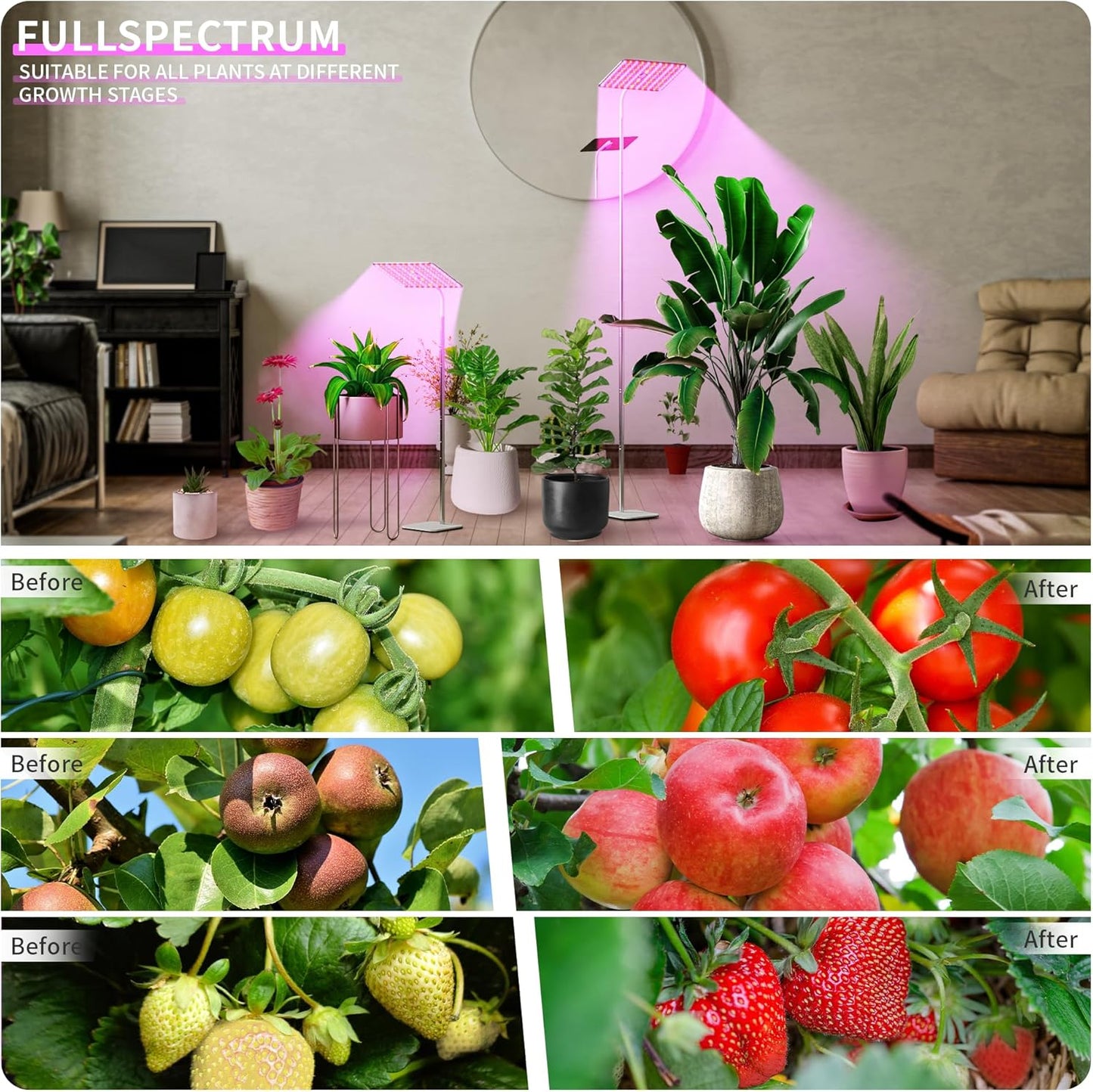 BESTVA 36W Grow Lights with Stand, Full Spectrum LED Plant Light, 12-59 Inch Height Adjustable Growing Lamp with Auto On/Off Timer 4H/8H/12H, 4 Dimmable Brightness