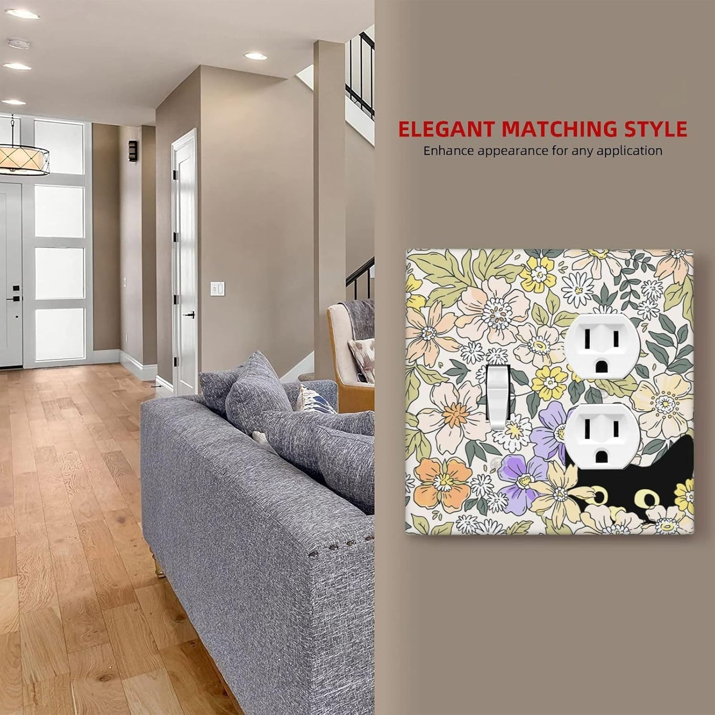 Decorative Outlet Covers Cute Black Cat in a Flower Patch Botanical Garden 2 Gang Wall Plate Single Toggle Duplex Combo Light Switch Covers Switch Plate Cover for Bedroom Home Decor
