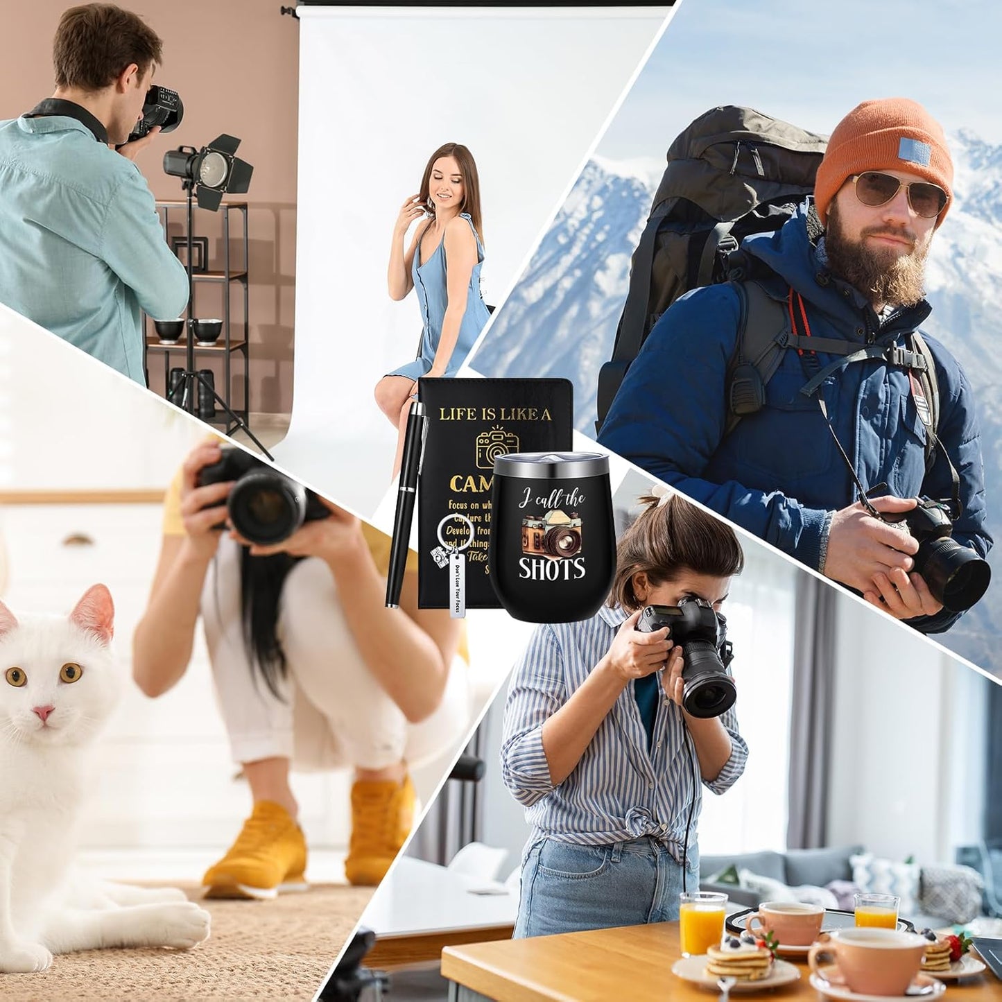 6 Pcs Photographer Gifts for Camera Lovers for Men Women 12 oz Stainless Steel Cup Socks Keychain Pen Notebook Box for Christmas Photography & Travelers Lovers