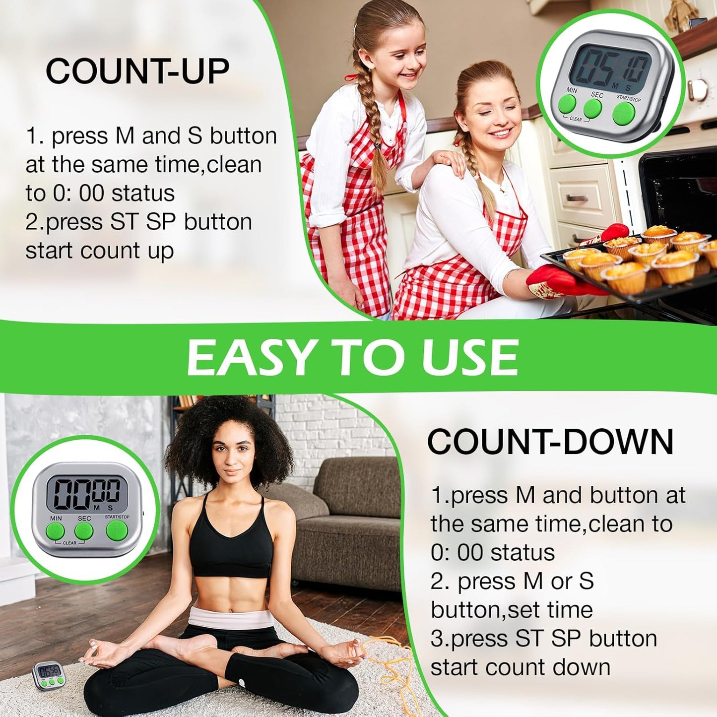 Leumoi 24 Pcs Digital Kitchen Timers Magnetic Back Timers Bulk Large Screen Loud Alarm On/Off Switch Minute Second Count up Countdown Memory Setting for Cooking Classroom Exercise (Sliver and Green)