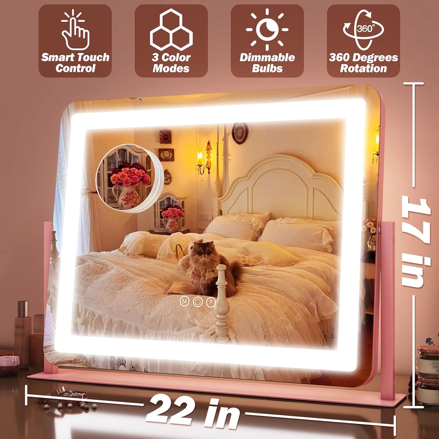 FENNIO Vanity Mirror with Lights 22''x17'' Makeup Mirror,Vanity Mirror Touch Screen with 3-Color Lighting,Dimmable,for Vanity Desk Tabletop(Pink)