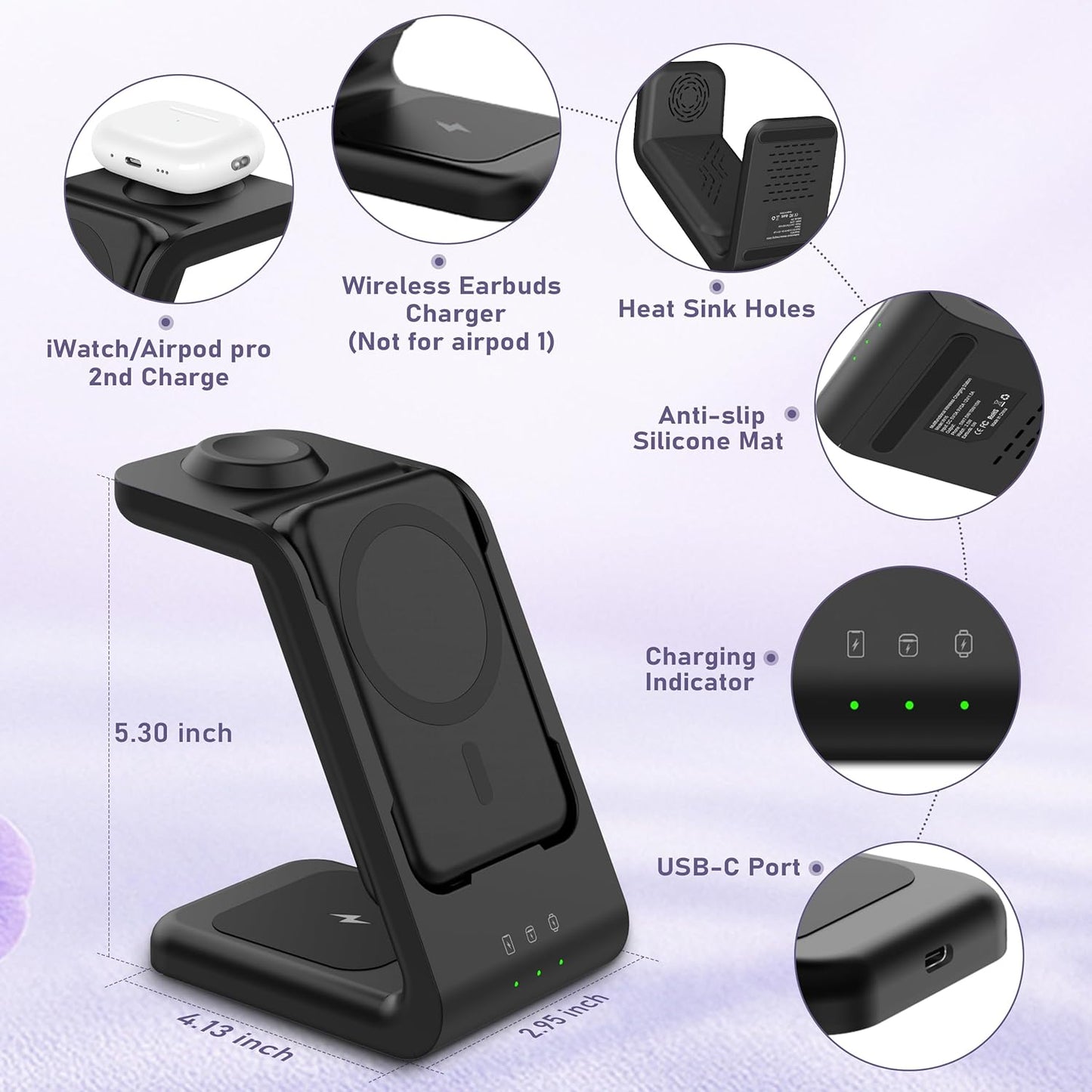 3 in 1 Wireless Charging Station: 5000mAh Removable Power Bank Charger Stand for Phone/Watch/Air Pods - Portable Magnetic Battery Pack for Air 17 16 15 14 13 12 Series