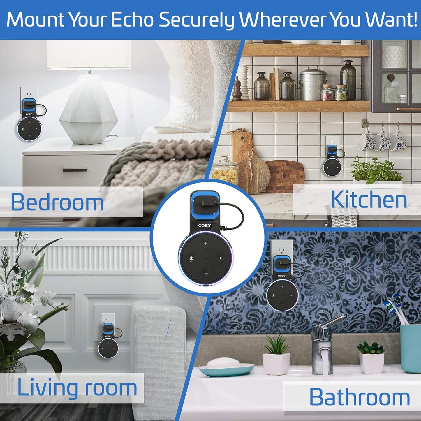 Coby Wall Mount for Echo Dot 2nd Generation, Smart Speaker Holder with Built-in Cable Management, 7.75" USB Charging Cable, Space-Saving Alexa Mount for Kitchen, Bedroom, Office, Bathroom