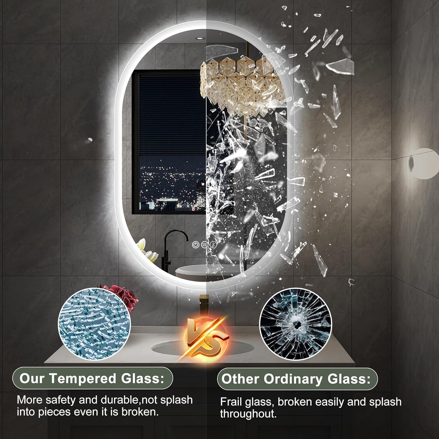S'bagno 24x40 Oval LED Bathroom Mirror with Lights, Anti-Fog, Bluetooth Speaker, 3 Colors Temperature & Dimmable, Lighted Mirrors for Bathroom Wall with Memory Function, Waterproof, Shatter-Proof