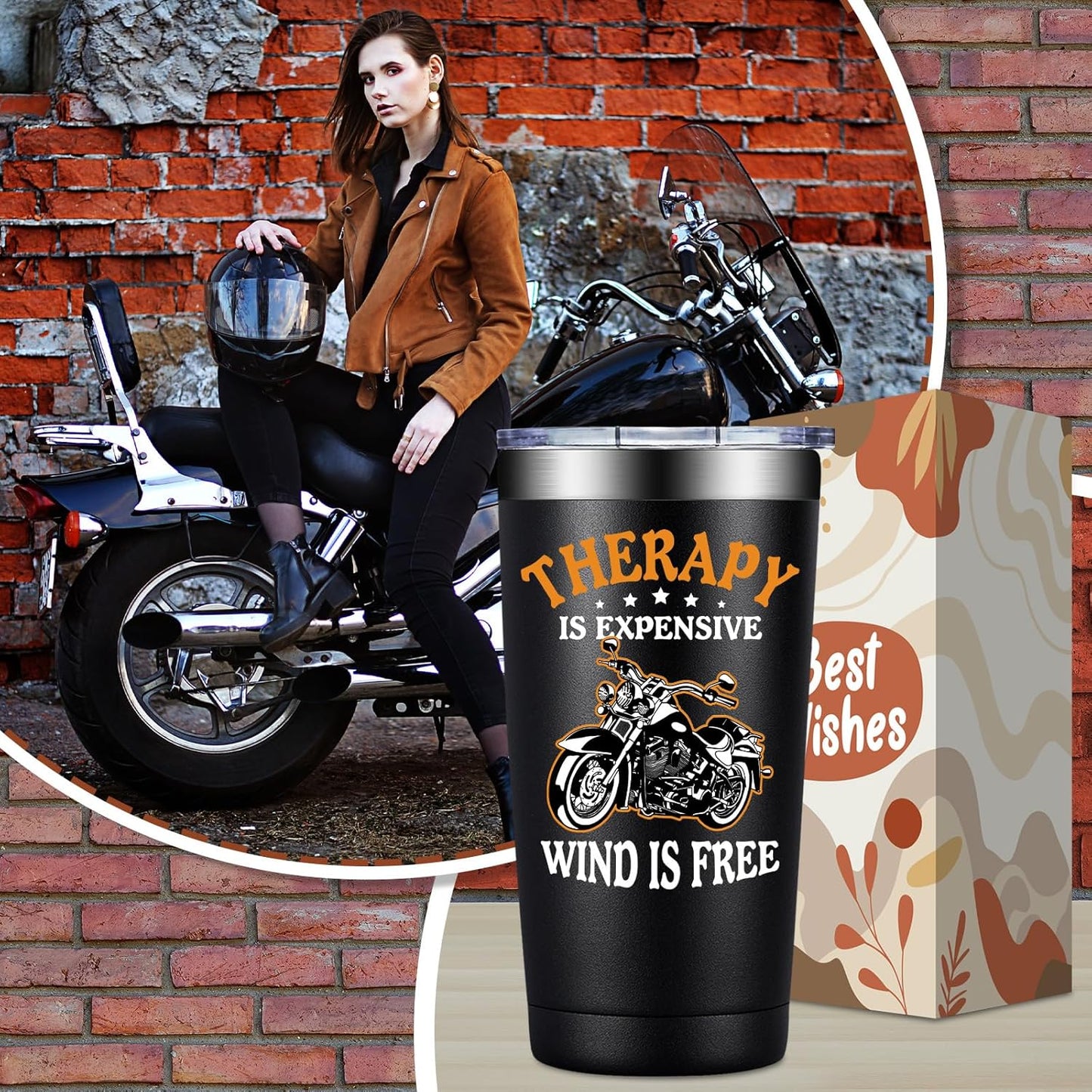 Fufandi Motorcycle Gifts for Men - Therapy Is Expensive Wind Is Free Motorcycle Gifts Tumbler - Christmas Fathers Day Gift for Motorcycle Lovers, Dad, Boyfriend - Tumbler Cup 20oz