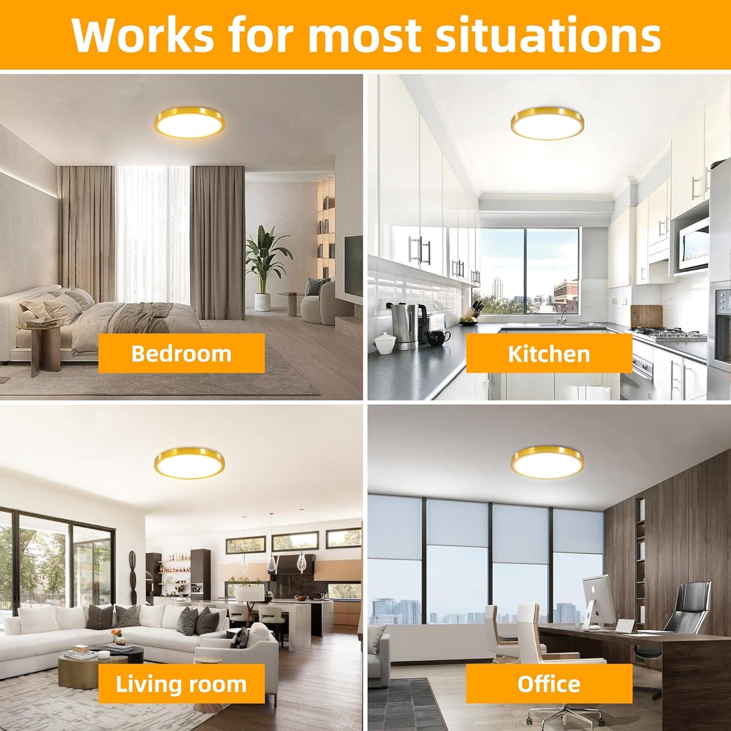 Hlite 6pack 12 inch Flush Mount LED Ceiling Light Fixture,24W 2400LM Super Slim Light Fixtures Ceiling Mount 3000K/4000K/5000K 3CCT Selectable,Light Fixtures for Kitchen,Bedroom (Gold)