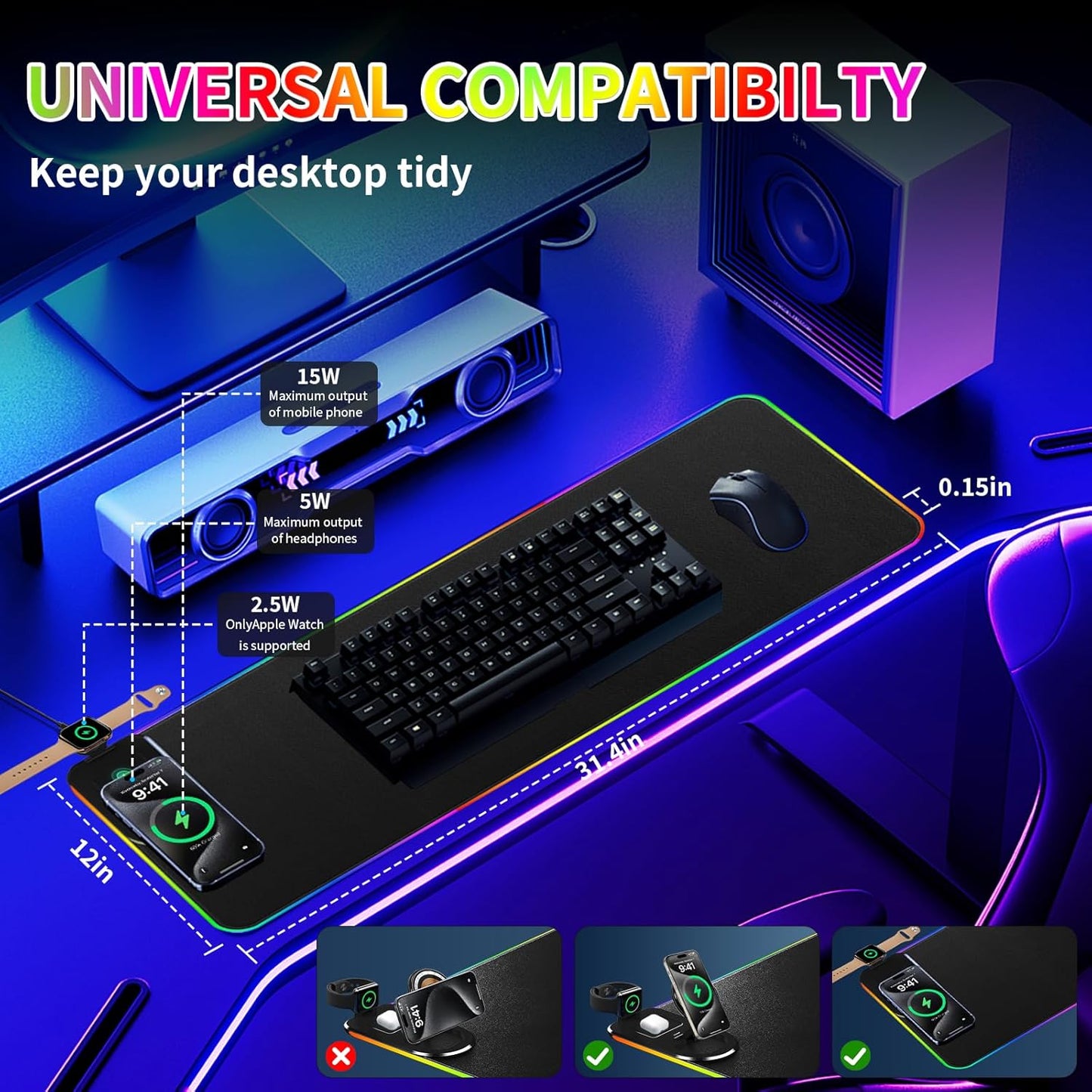 15W Fast Wireless Charging Mouse Pad, XXL RGB Gaming Desk Mat (31.5x15.7in) with Power Adapter & USB-C Cable,15 RGB Light Modes Desk Mat, Waterproof Keyboard Pad for PC/MacBook/Laptop (Black)