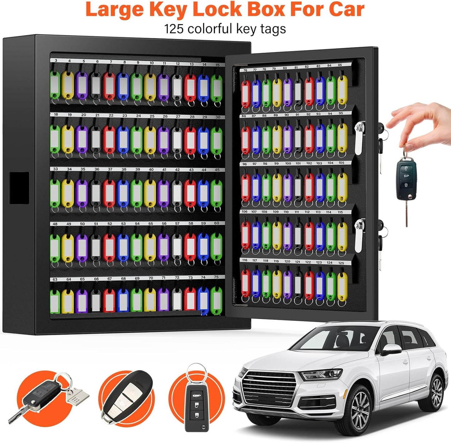 125 Keys Dual Lock Box Wall Mount, Anti-Theft Key Cabinet with Key Hooks & 125 Tags Key Labels, Steel Drop Slot Key Safe for Hotels & Office & Companies & Car Dealerships
