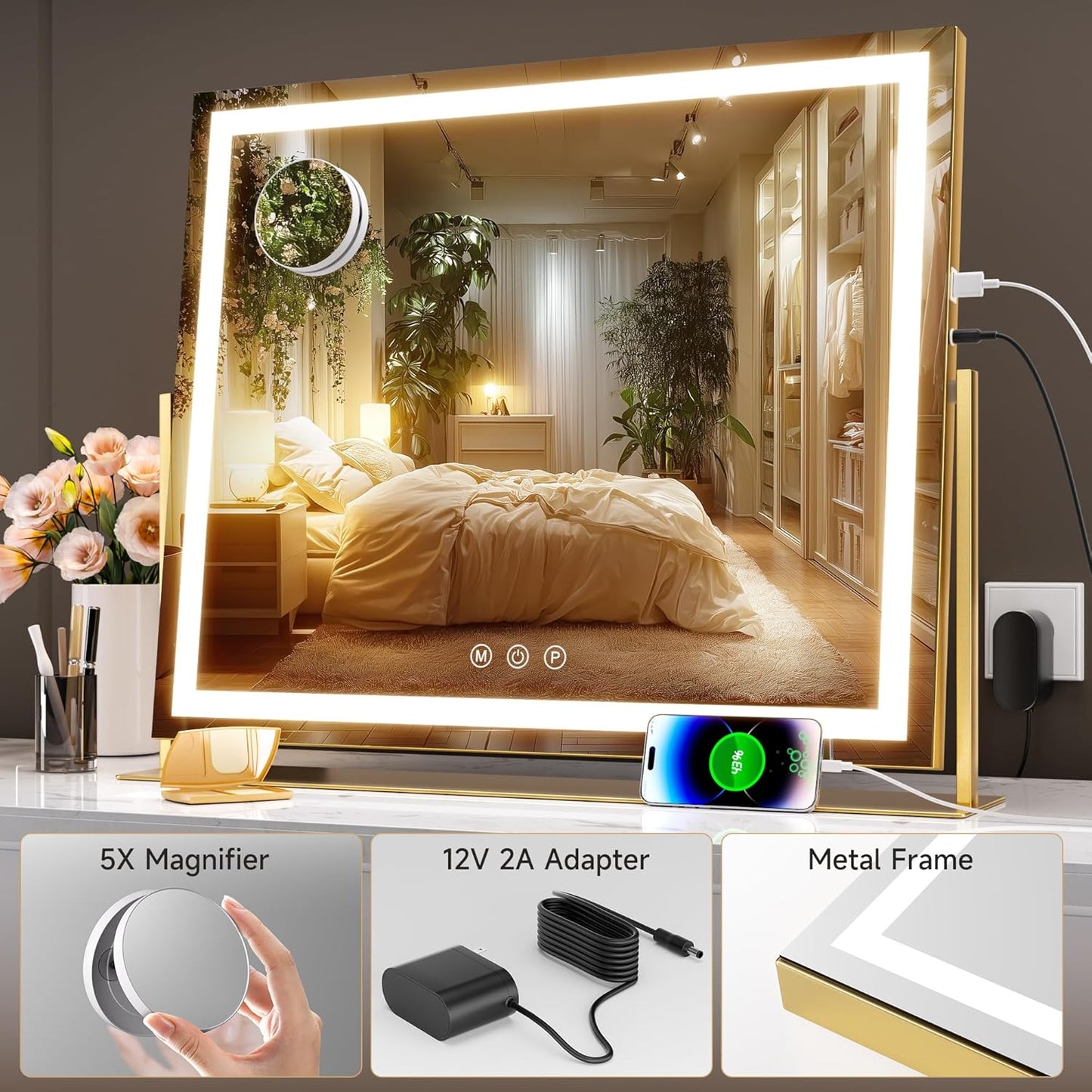 Hasipu Vanity Mirror with Lights, 25.6" x 21.3" LED Makeup Mirror, Light up Mirror with 10X Magnification, USB Charging Port, Smart Touch 3 Colors Dimmable, 360ยฐ Rotation (Gold)