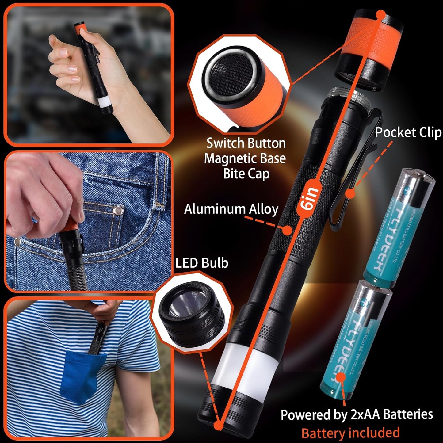 KunHe Probe 6 Pack LED 250 Lumens Pen Flashlight High Lumens with AA*12 Alkaline Batteries(Included) and Magnetic Base for Inspection Repair Engineer Gift for Husband Dad
