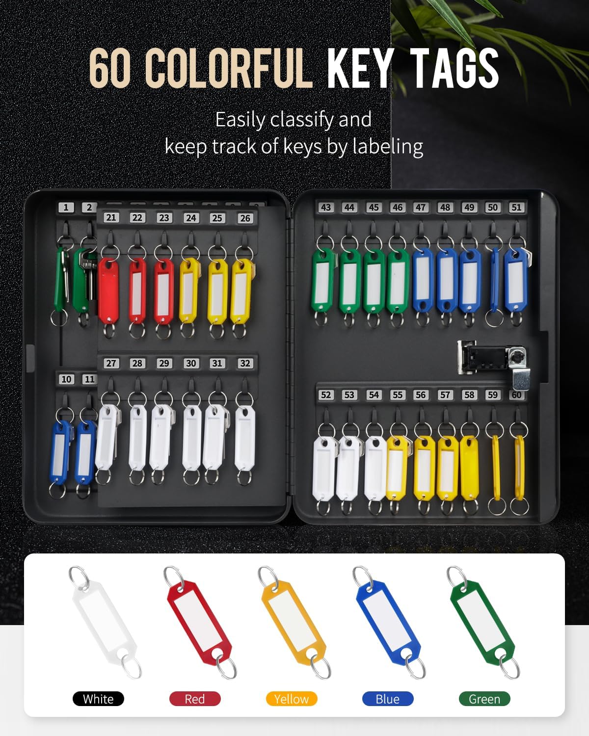 Uniclife 60 Position Key Cabinet with Combination Lock Resettable Black Digital Security Storage Box Steel Key Organizer with Colorful Large Key Tag Labels Stickers and Hooks