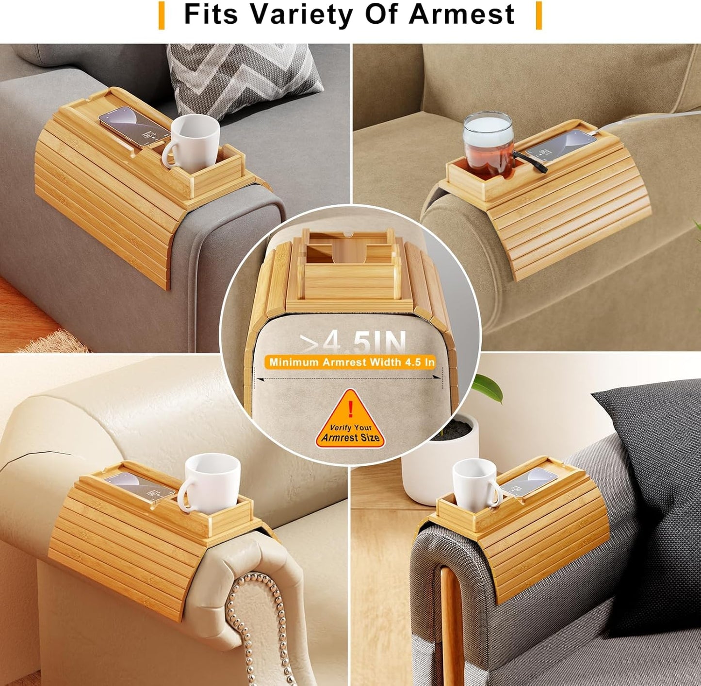 Bamboo Sofa Armrest Tray - Couch Arm Tray with Detachable Couch Cup Holder - 2 in 1 Anti-Slip Foldable Sofa Armchair Caddy Table for Drinks Cellphone TV Remote Snacks